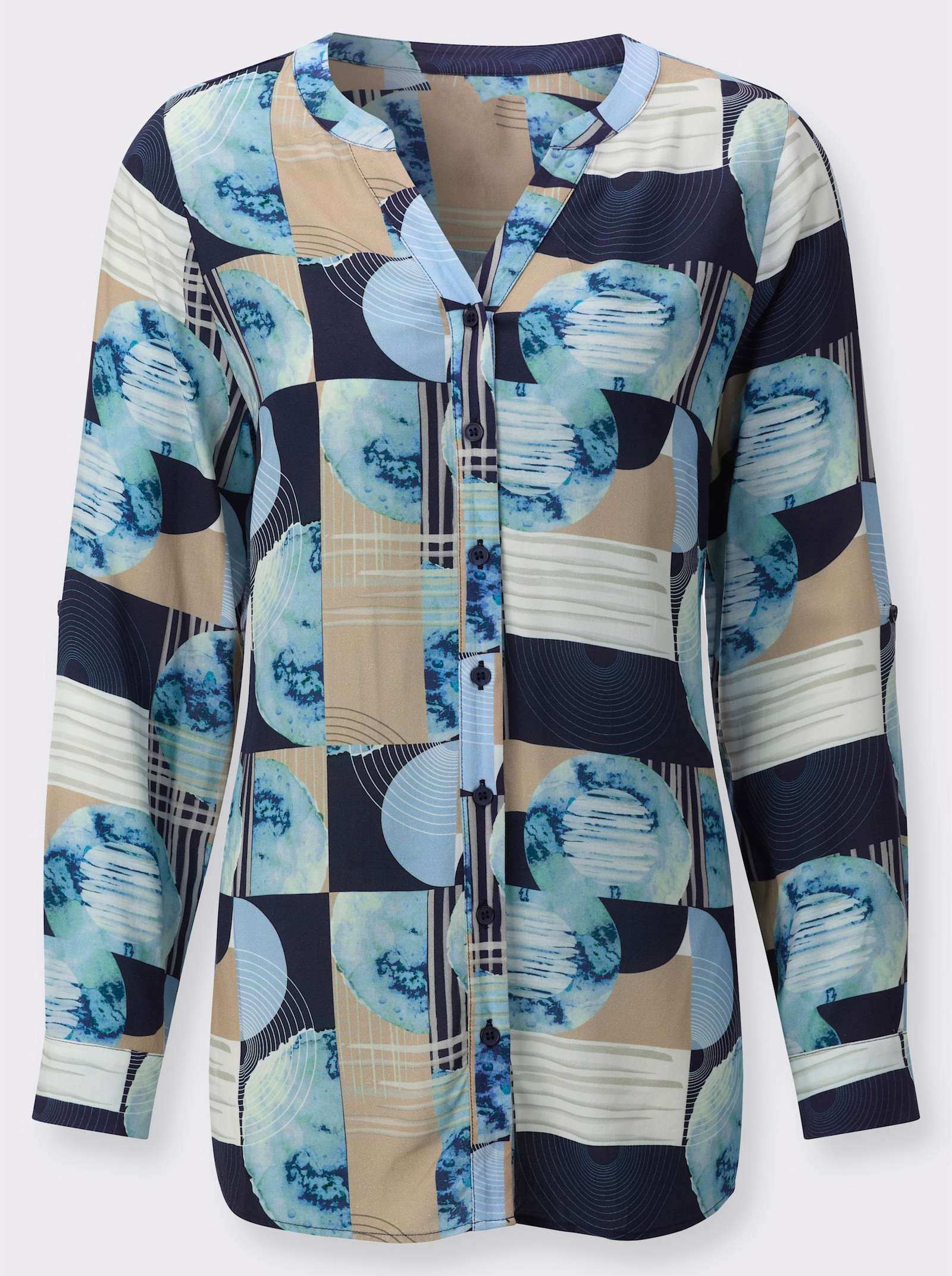 Druckbluse im figurumspielden Schnitt - marine-bleu-bedruckt