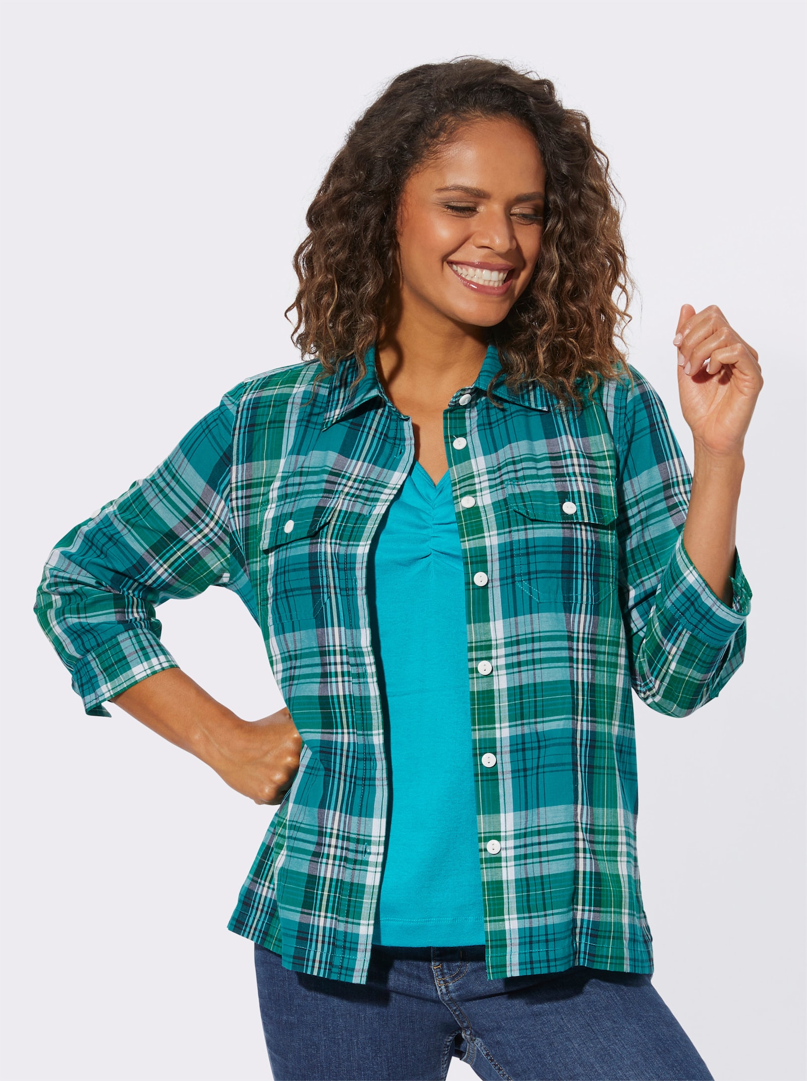 Blusenset Bluse und Top im Set - türkis-kariert