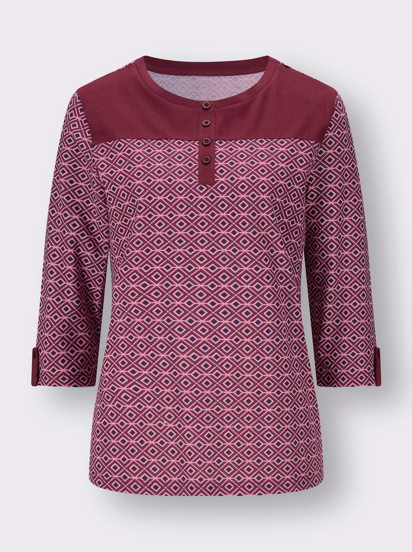 3/4-Arm-Shirt mit einfarbiger Schulterpasse - bordeaux-hortensie-bedruckt