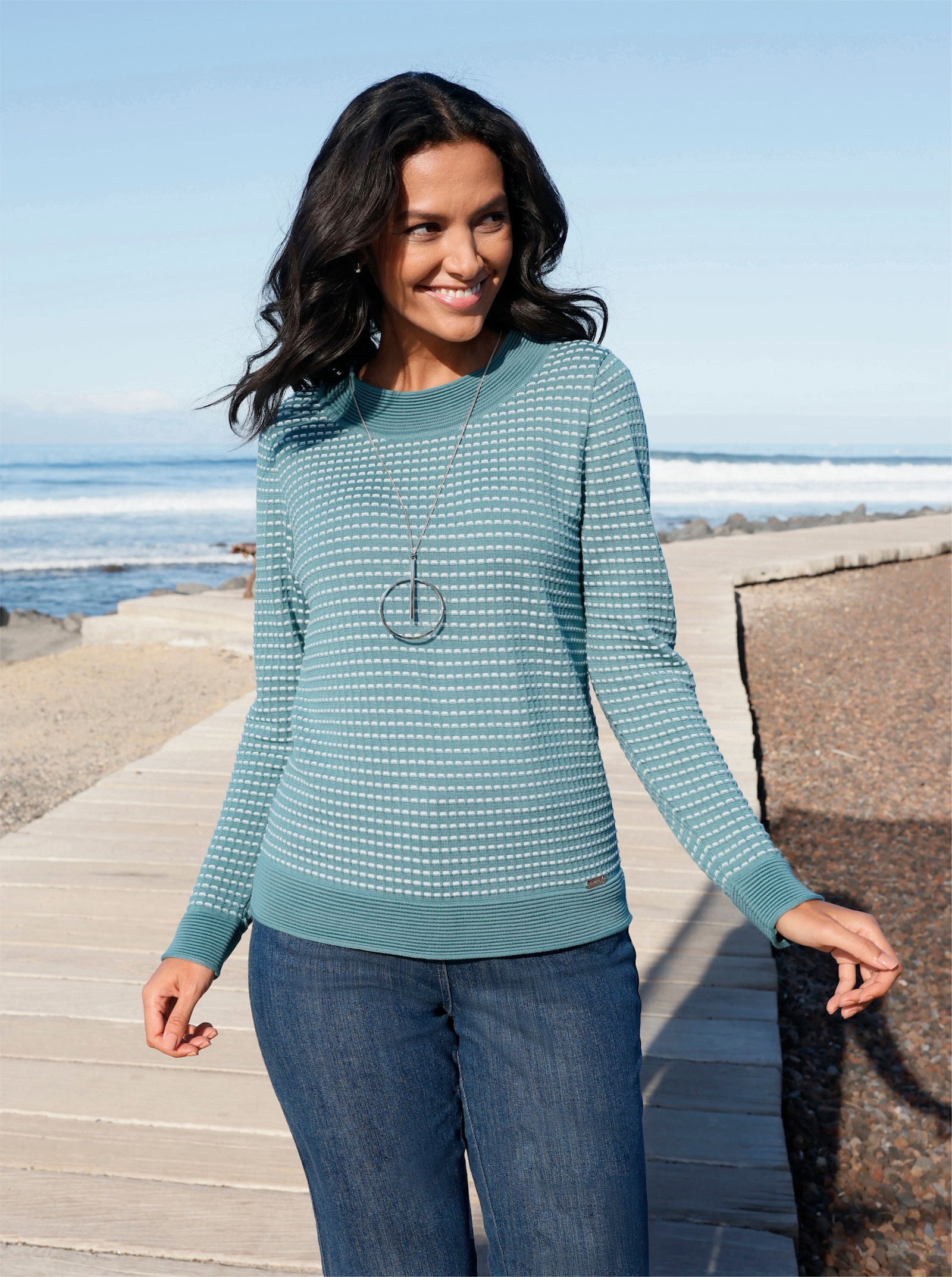 Rundhalspullover in pflegeleichter Qualität - jade-ecru-gemustert