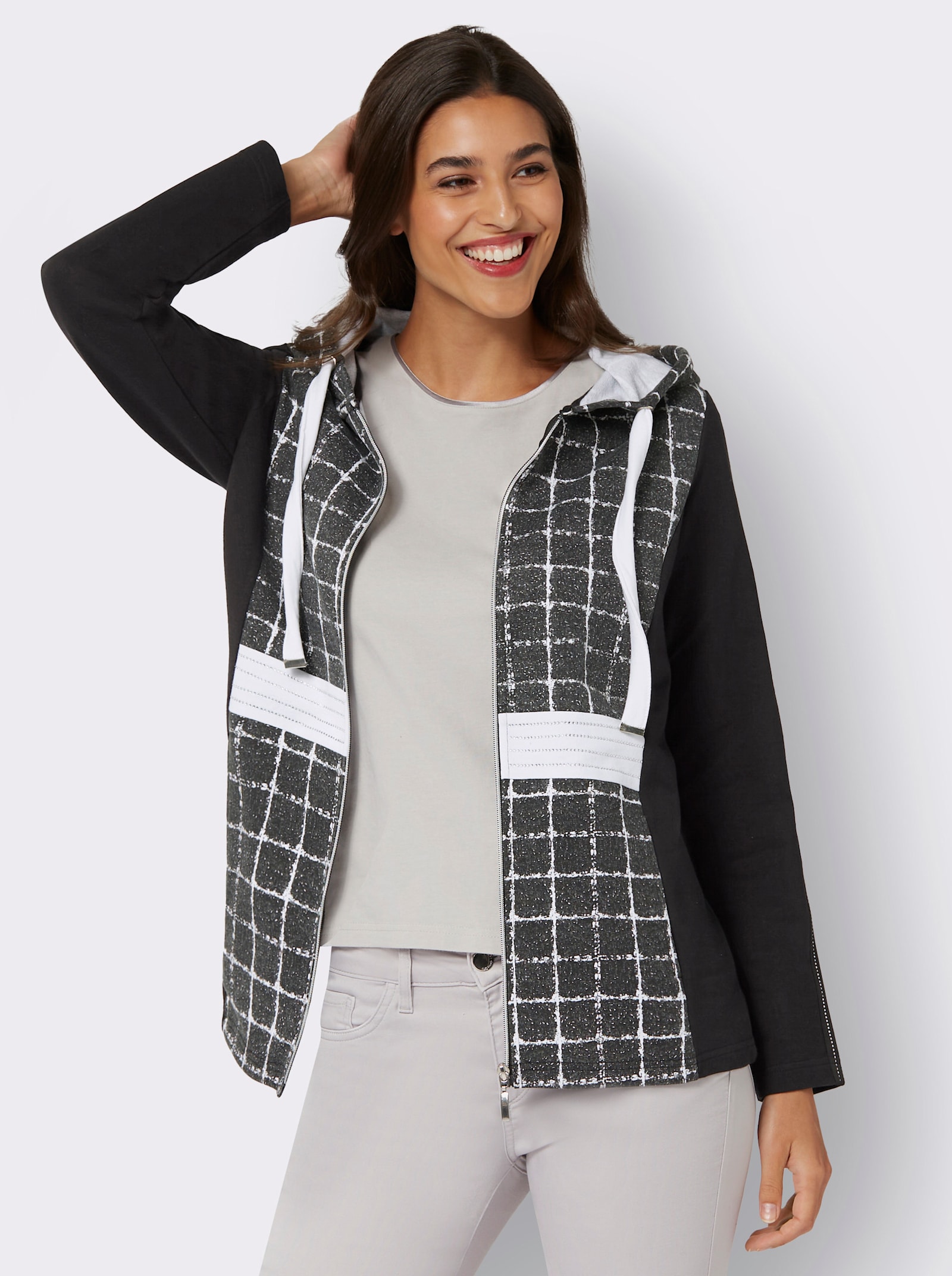 Sweatjacke mit Karo-Muster vorne - schwarz-ecru-gemustert