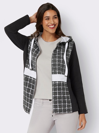 Sweatjacke mit Karo-Muster vorne - schwarz-ecru-gemustert