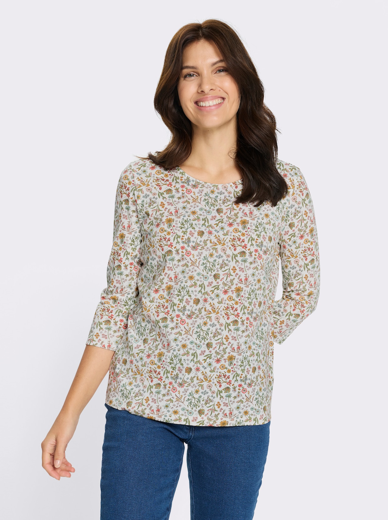 3/4-Arm-Shirt mit floralem Druck - ecru-khaki-bedruckt