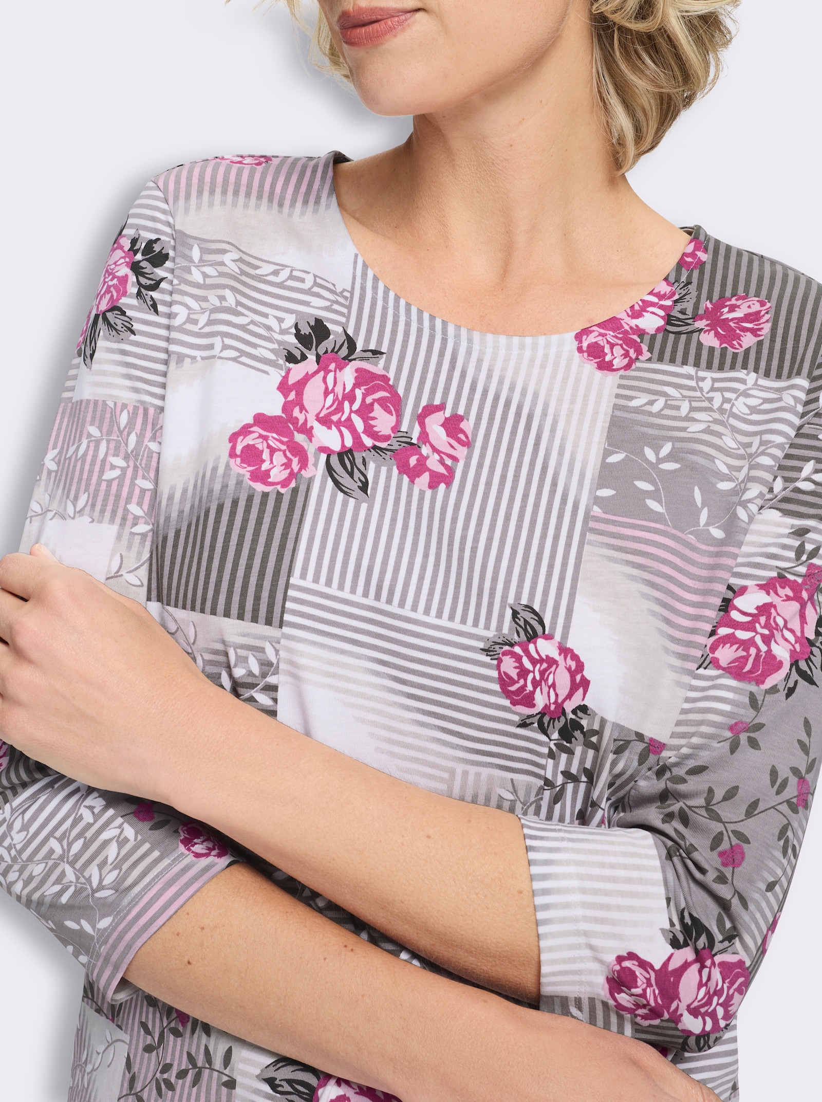 Kurzarmshirt mit Patch-Muster, Baumwolle - rosé-steingrau-bedruckt