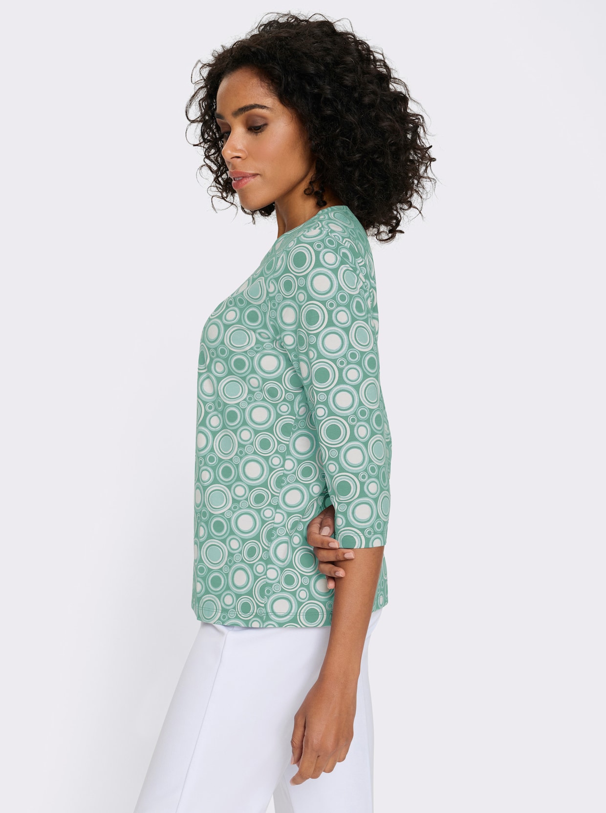 Bomullstopp med trekvartsärm och cirkelmönster - salvia-ecru-mönstrad