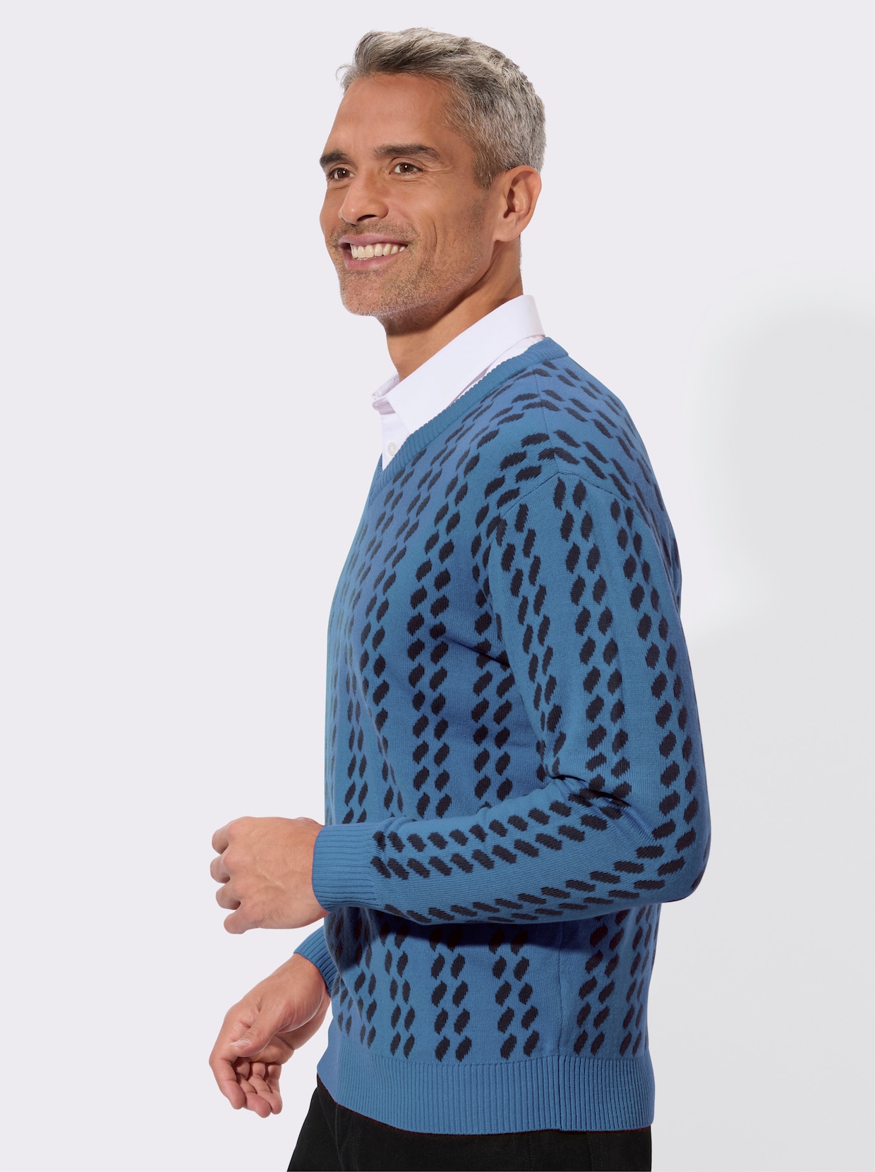 Svetr s výstřihem do V s grafickým pleteným vzorem - střední modrá-námořnická modrá