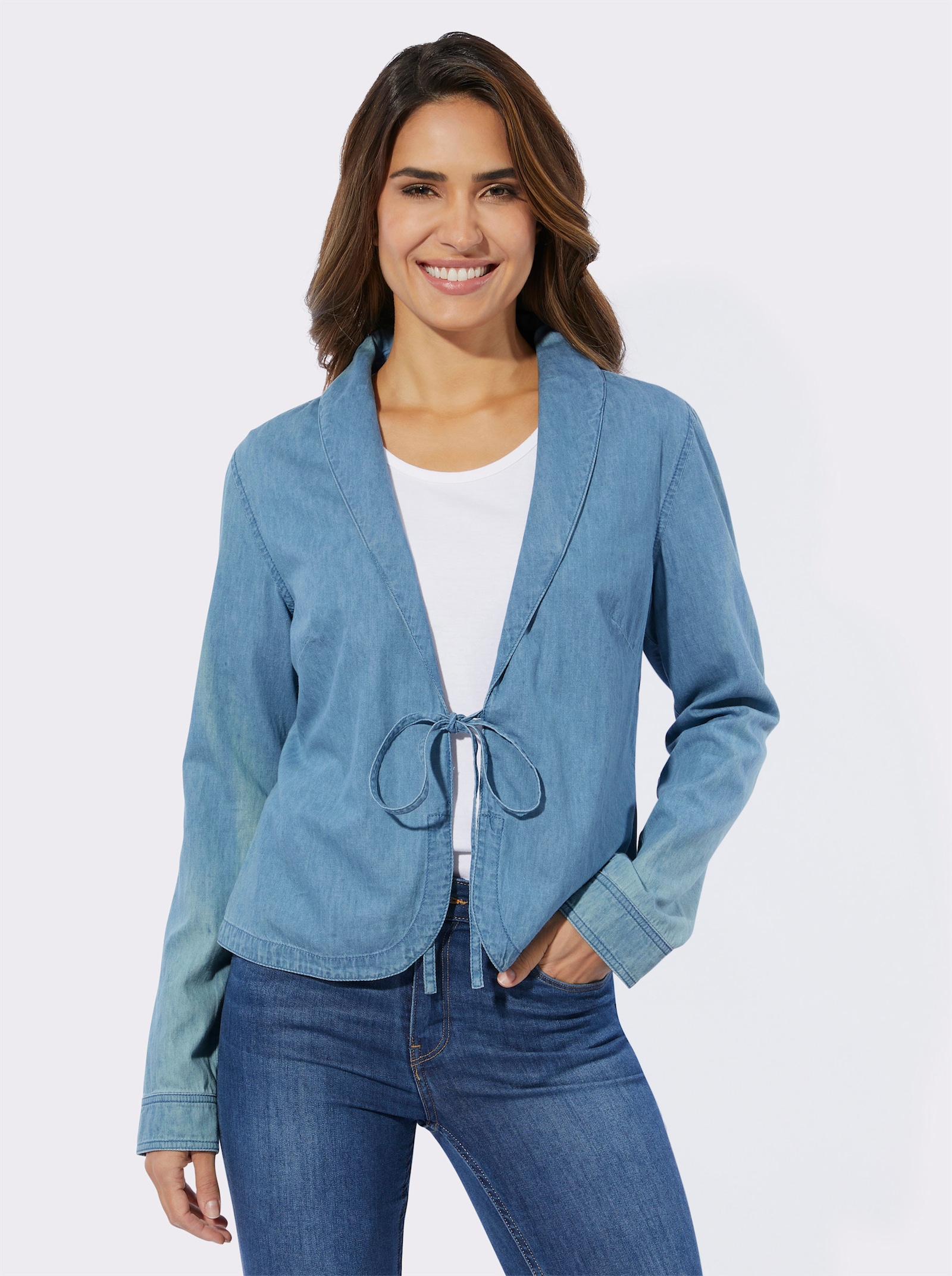 Jeansblazer met sjaalkraag - blue-bleached