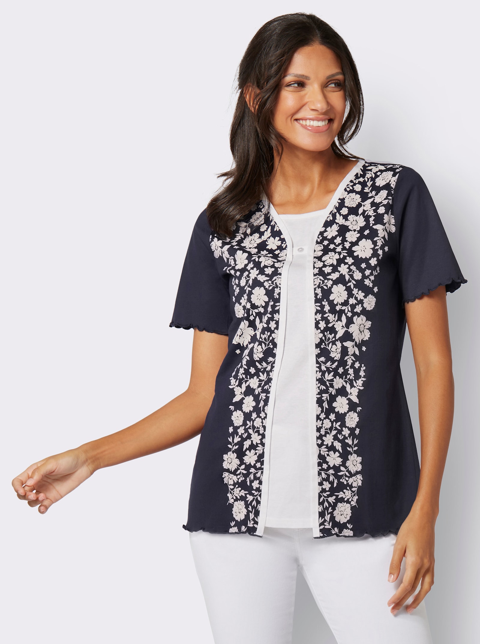 2-in-1-Shirt mit eingenähtem Top, bedruckt - marine-ecru