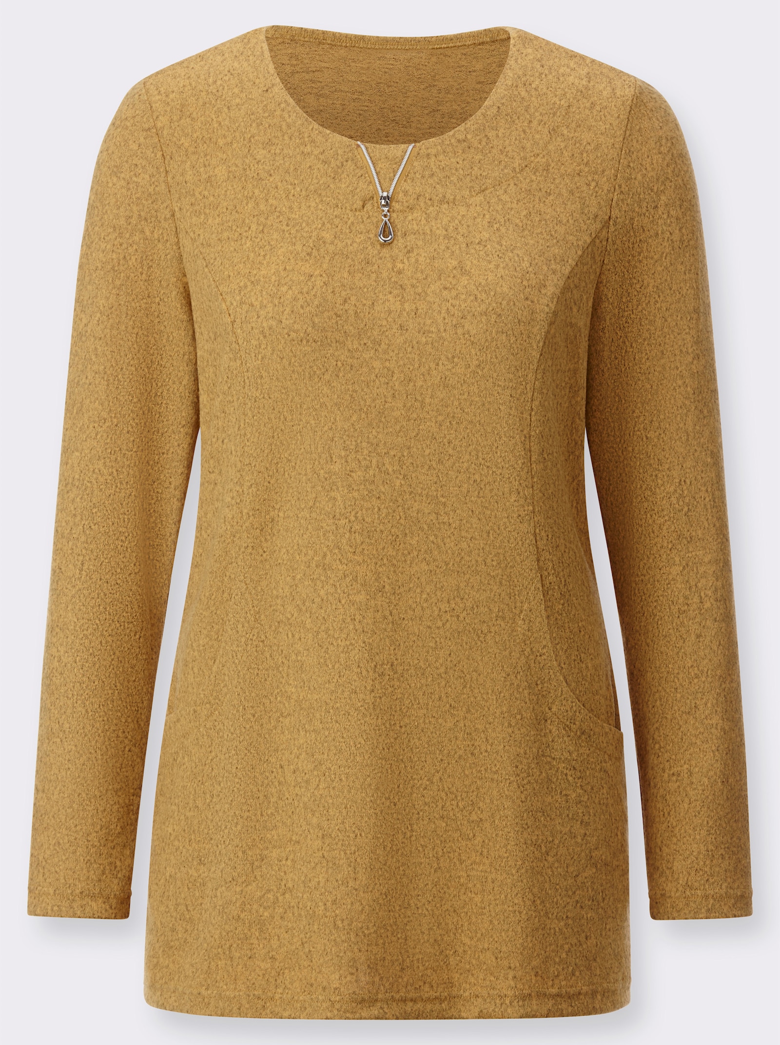 Langarmshirt in angerauter Qualität - ocker-schwarz-meliert