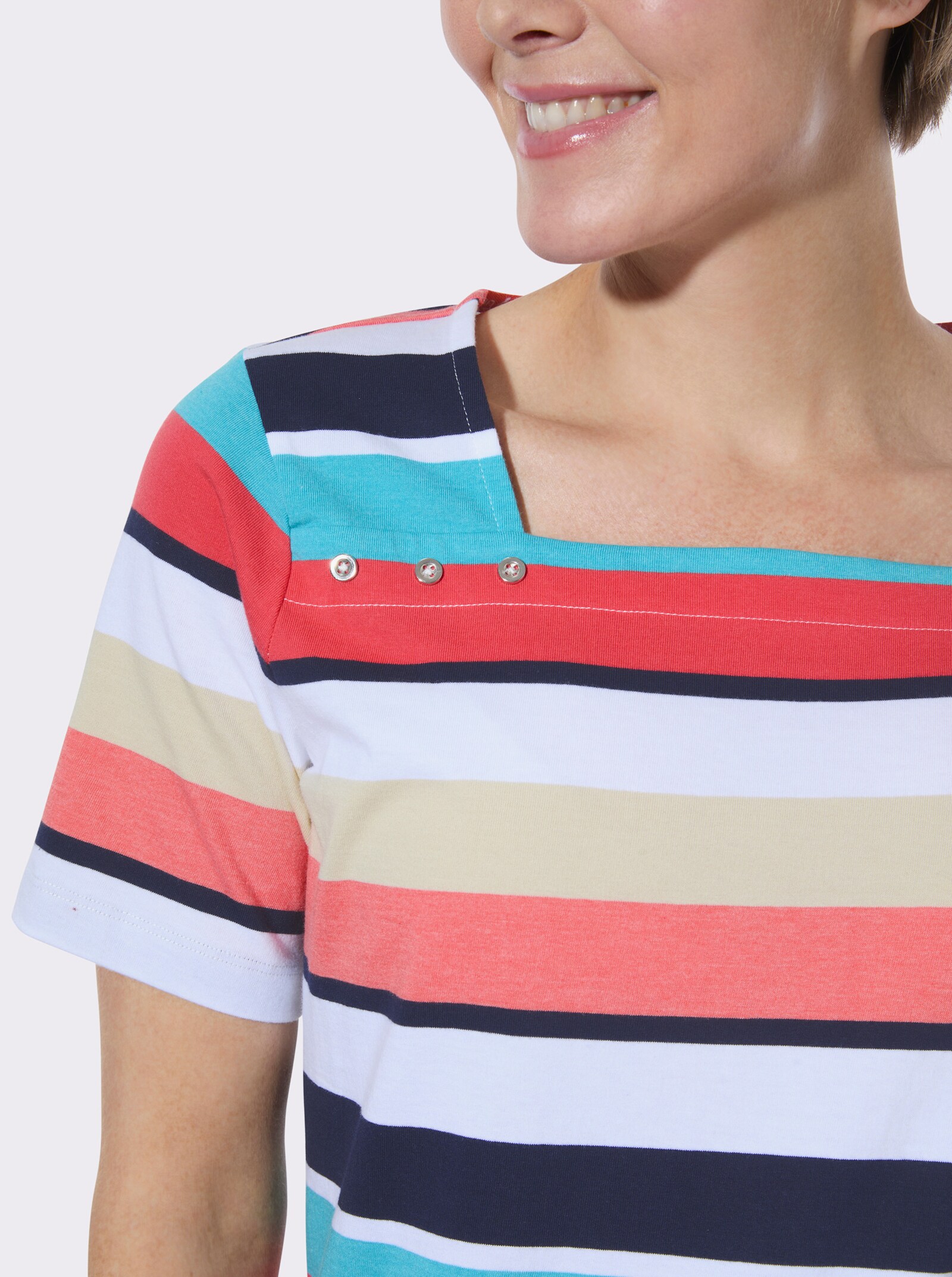 Ringelshirt mit Karree-Ausschnitt - koralle-sand-geringelt