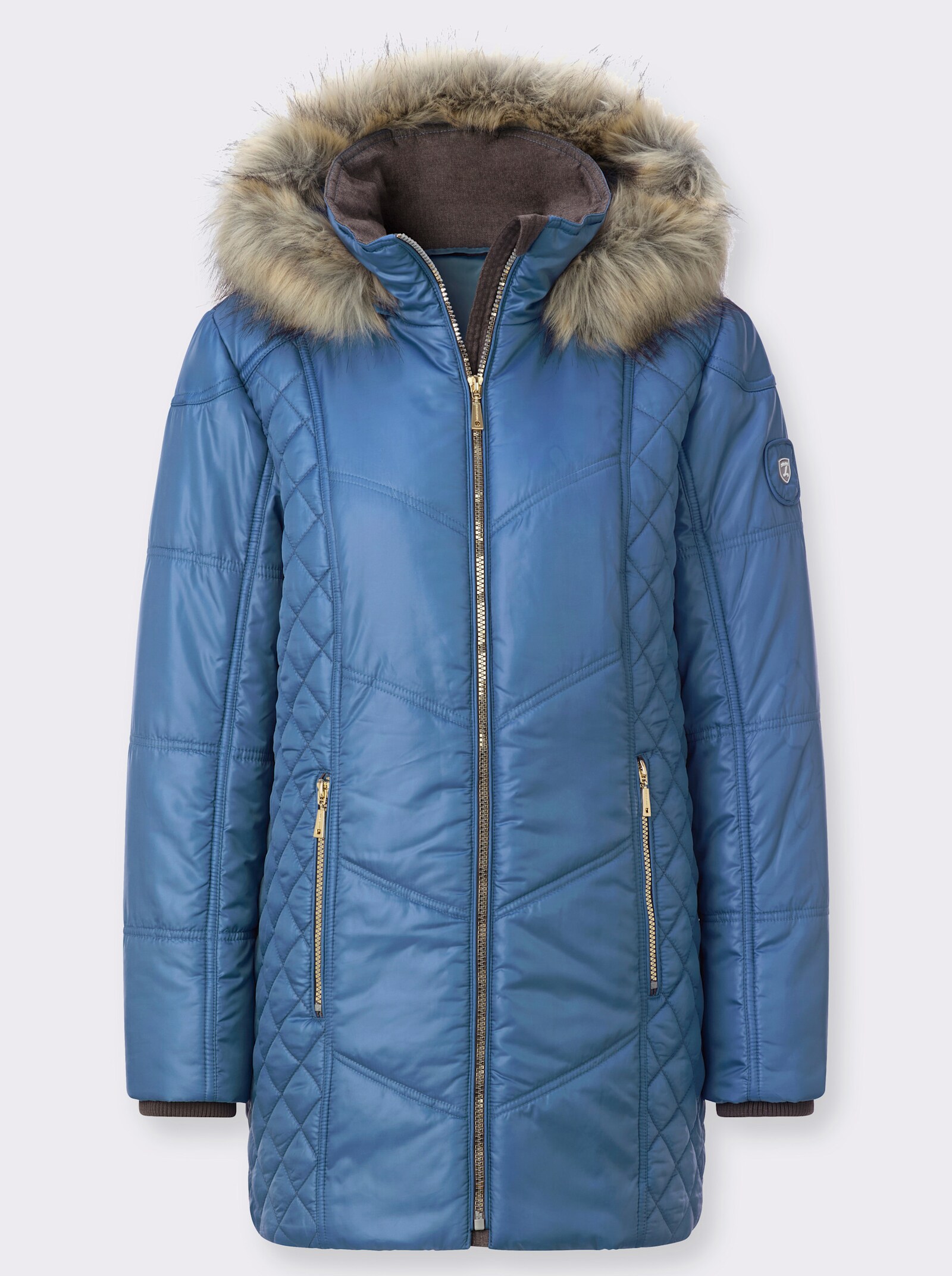 Steppjacke mit Kapuze mit Pelz-Imitat - mittelblau