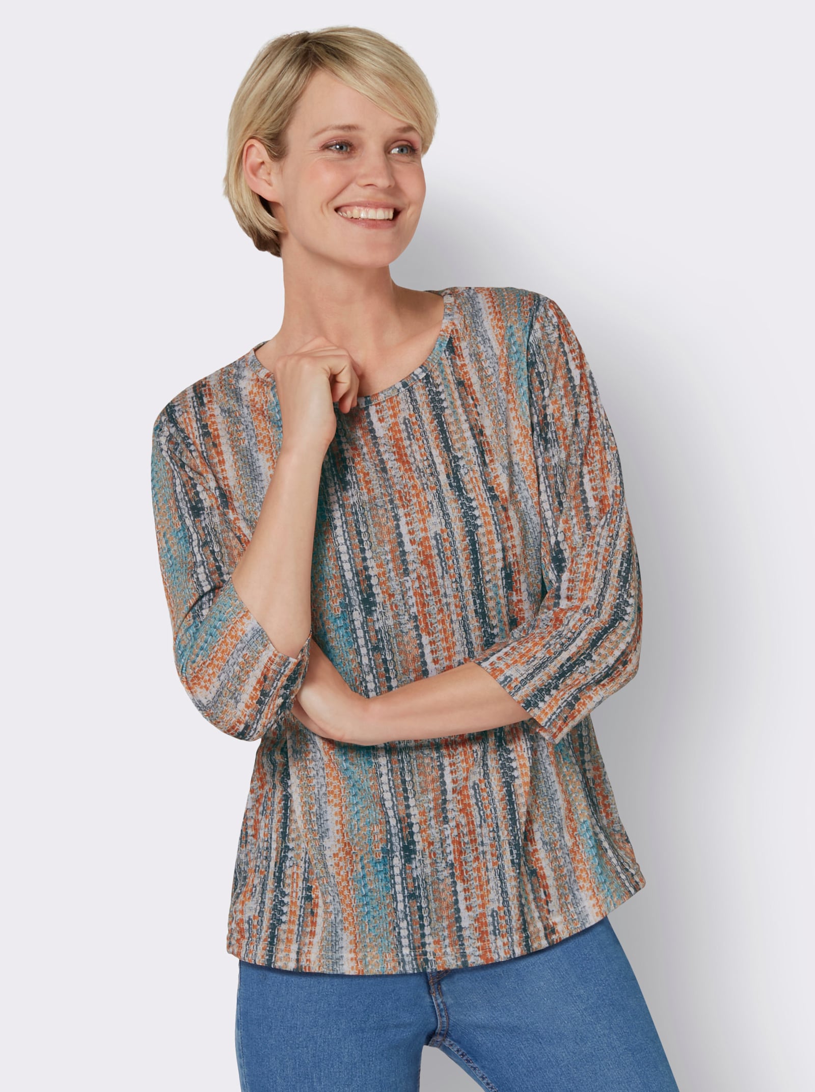 Shirt met 3/4-mouwen van strijkvrij materiaal - oranje/oceaan bedrukt