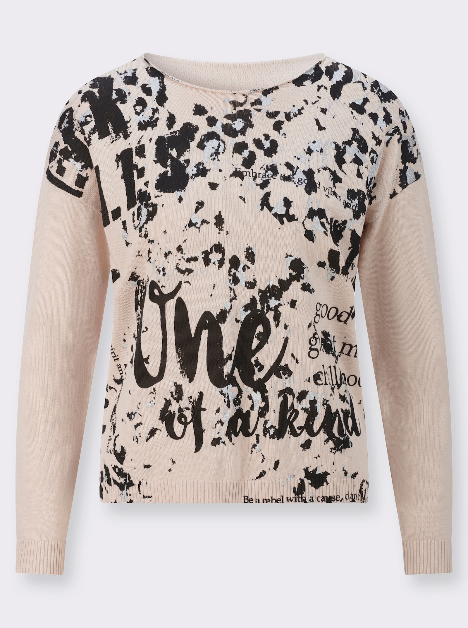 Langarm-Pullover in Oversize-Form - elfenbein-schwarz-bedruckt