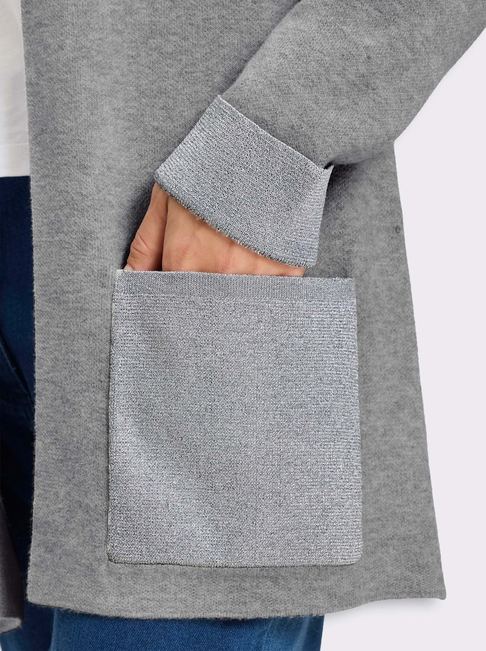 Longstrickjacke mit Glanzgarn-Details - steingrau-meliert