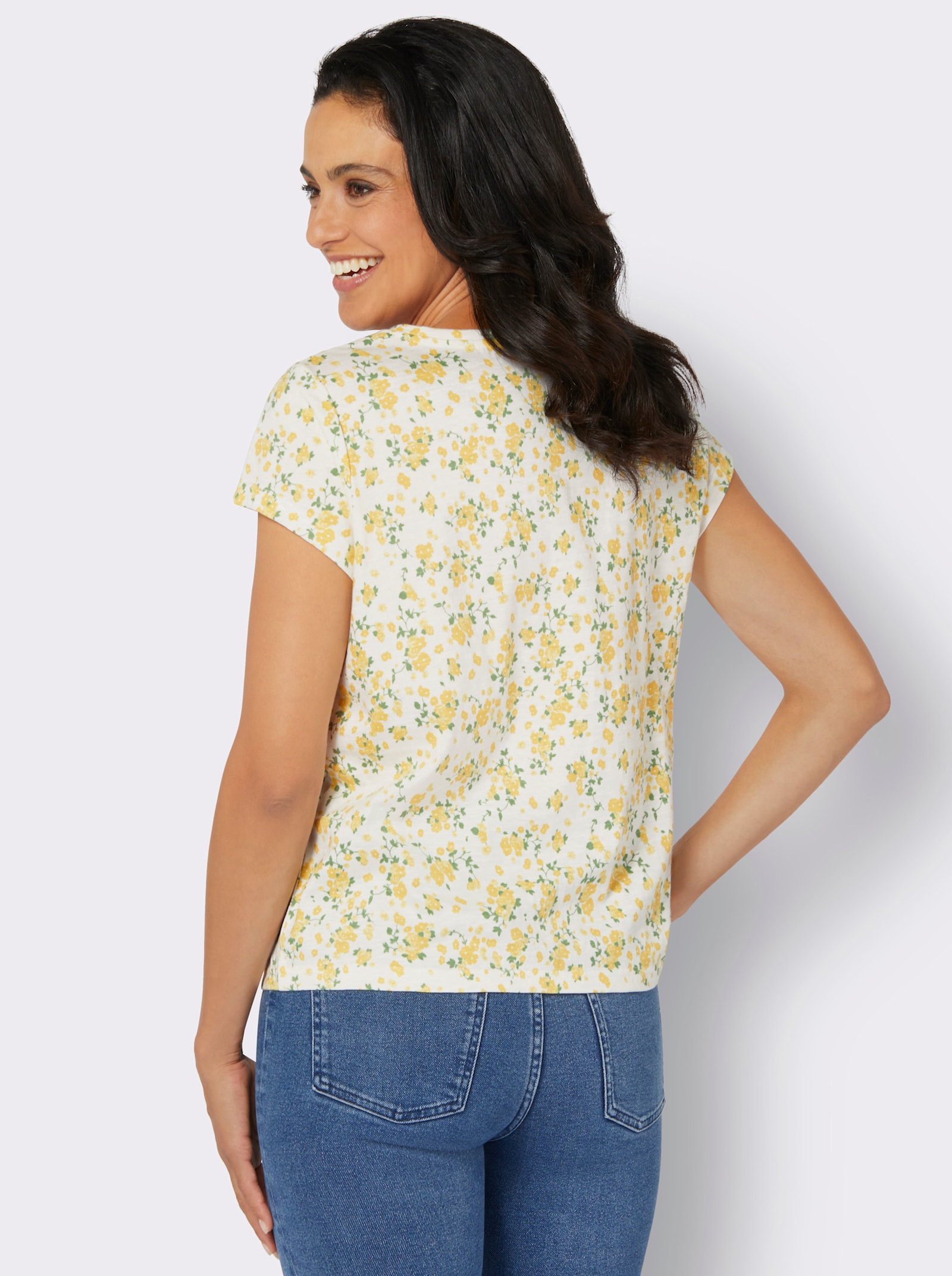 Rundhalsshirt in Flammgarn-Qualität - ecru-zitrone-bedruckt