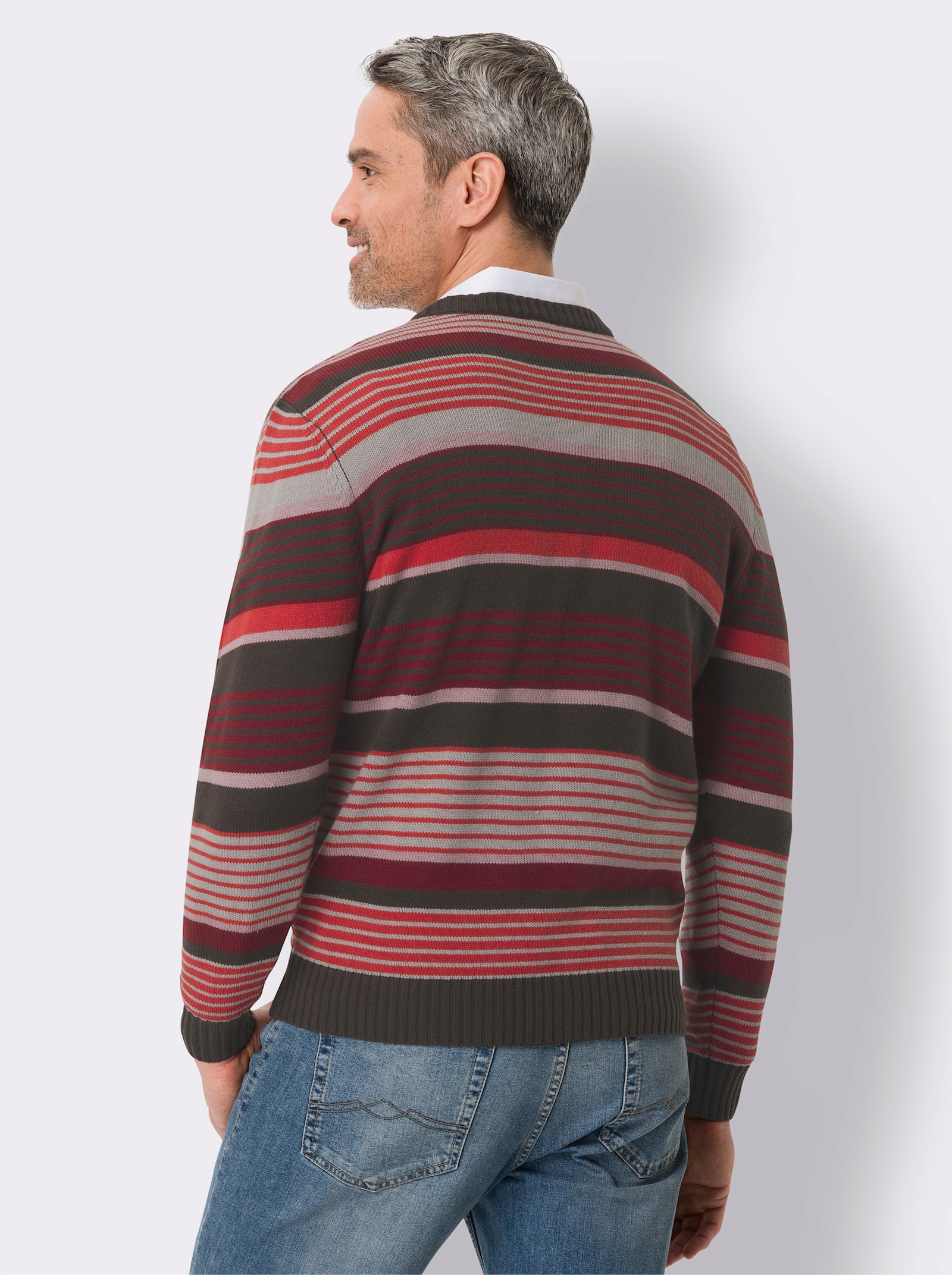 Pullover met V-hals en streepjespatroon - donkerrood/grafiet gedessineerd