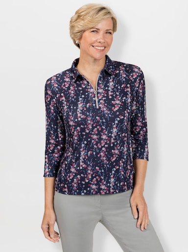 Poloshirt mit glitzernden Steinchen - nachtblau-hortensie-bedruckt