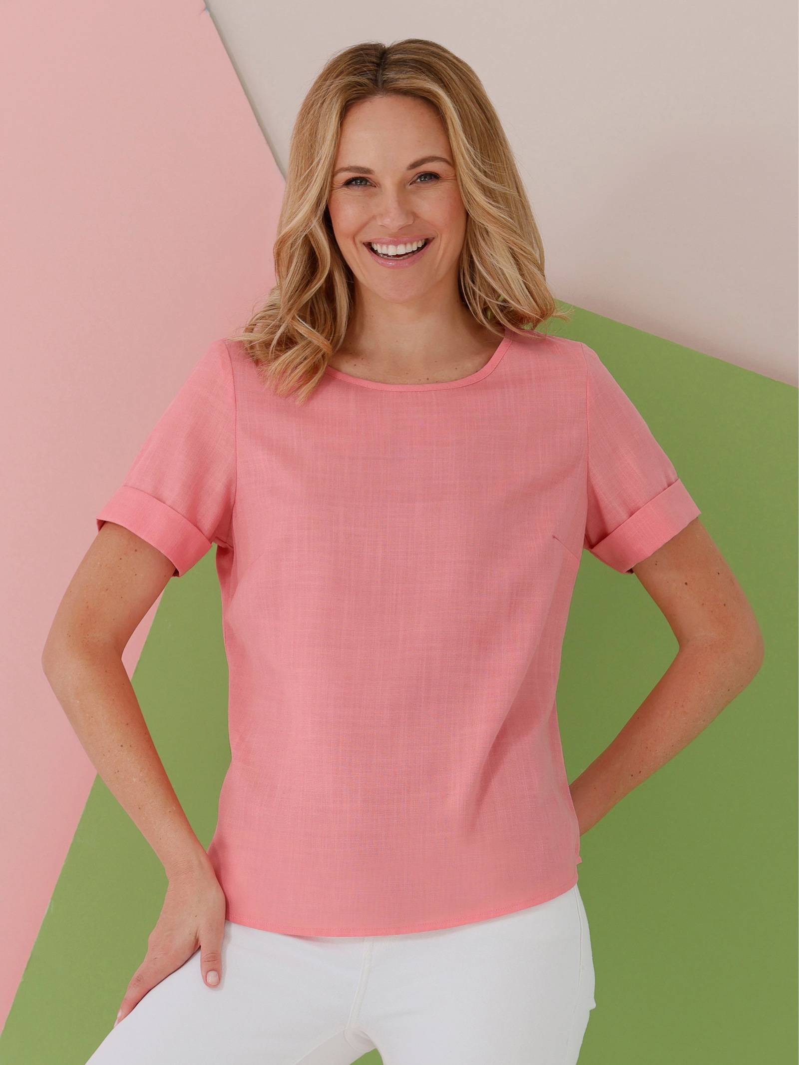 Schlupfbluse in Leinen-Optik, pflegeleicht - flamingo