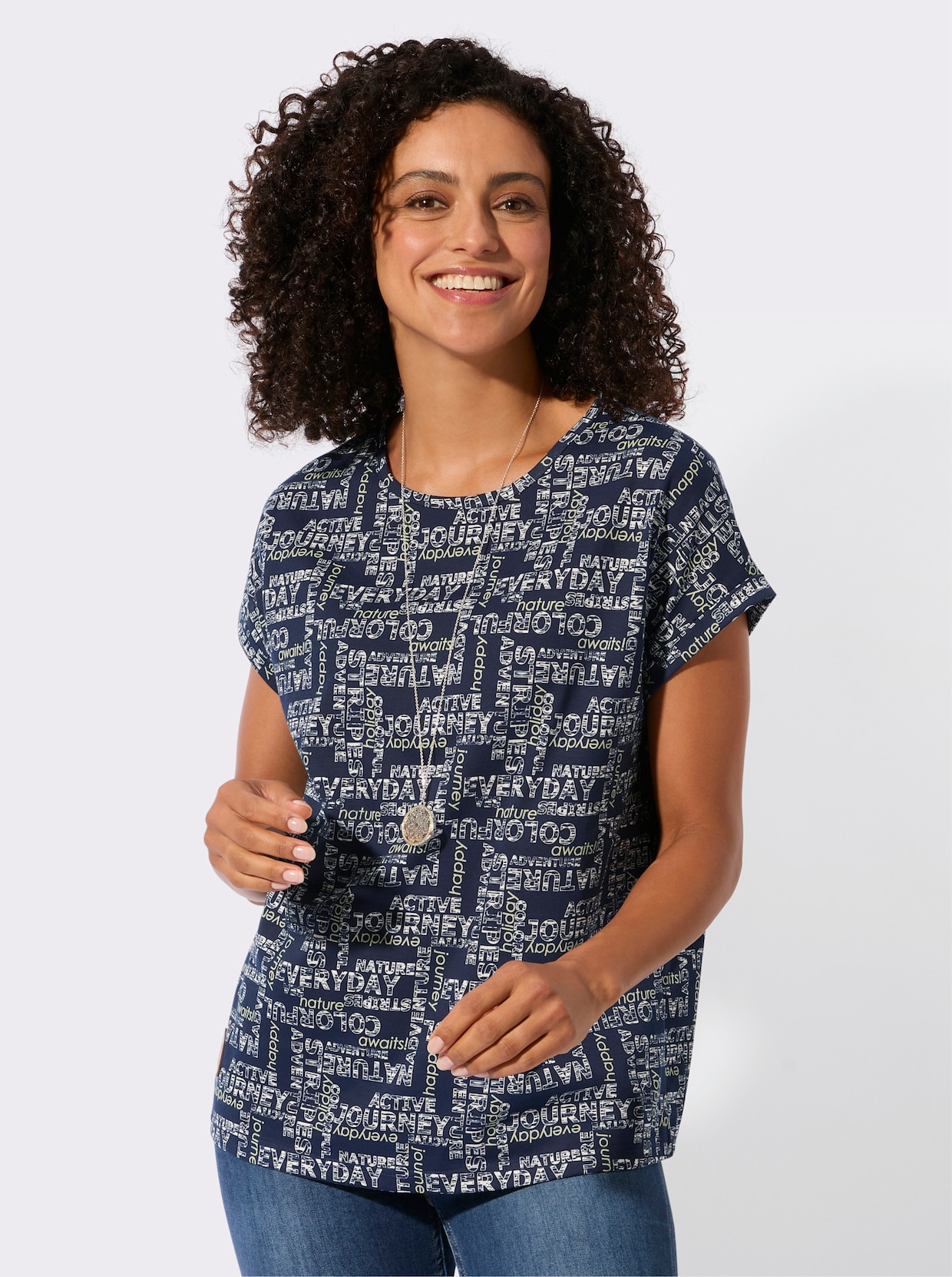 Print-Shirt mit überschnittenen Schultern - marine-ecru-bedruckt