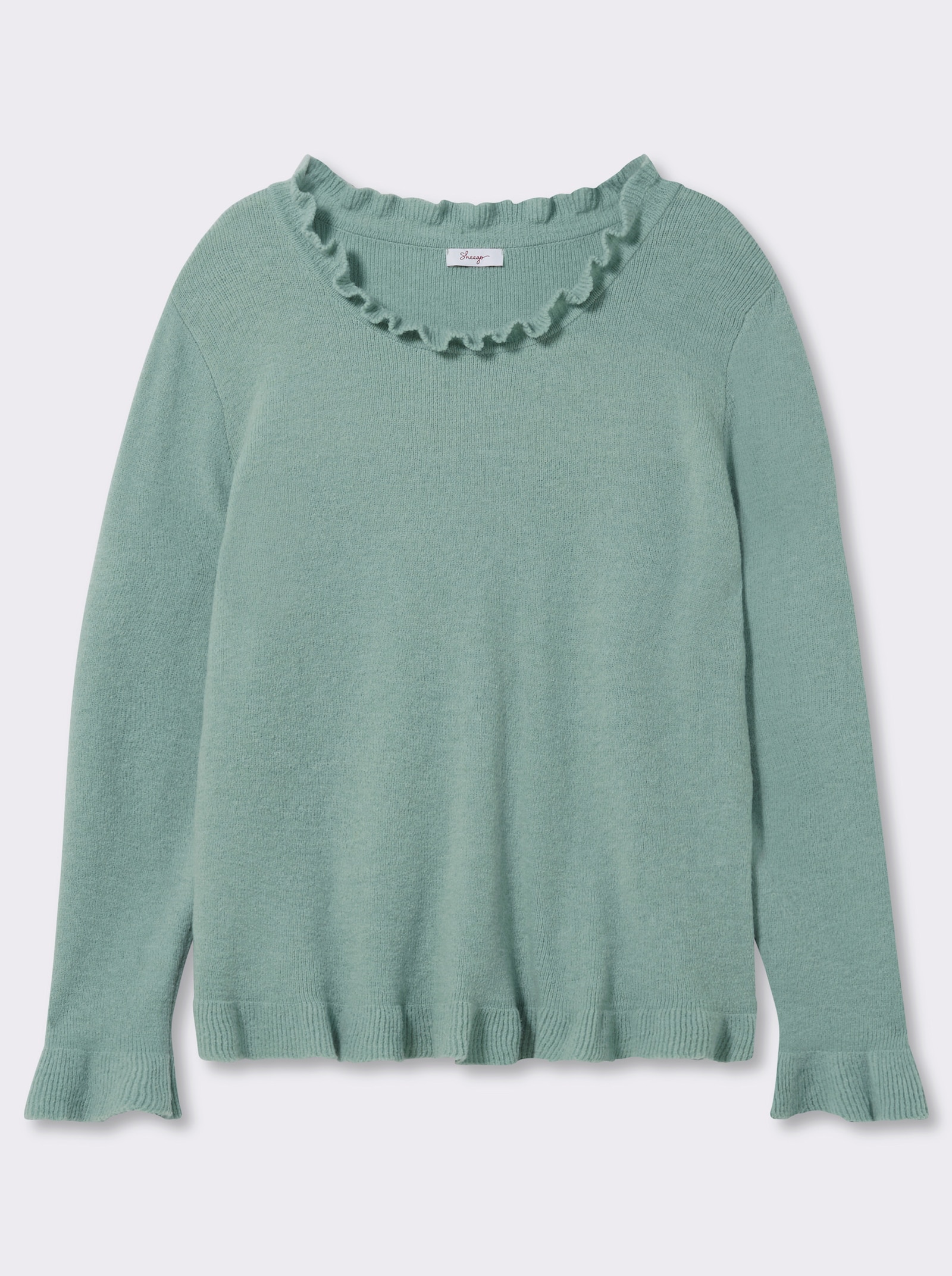 sheego Strickpullover mit gerüschten Abschlüssen - kalkmint