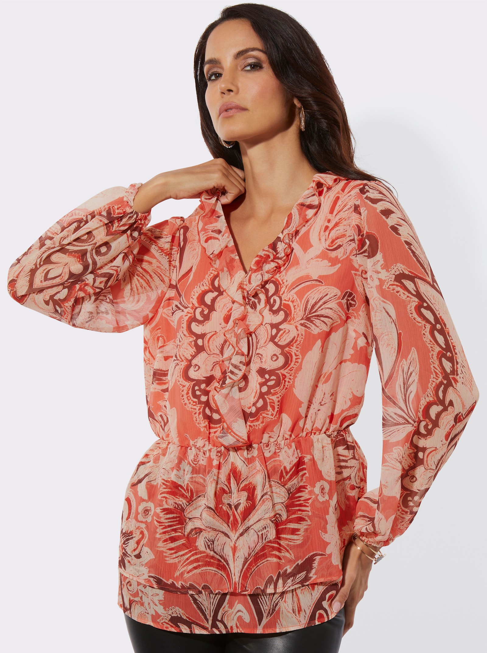 Tunika im Lagenlook - champagner-koralle-bedruckt