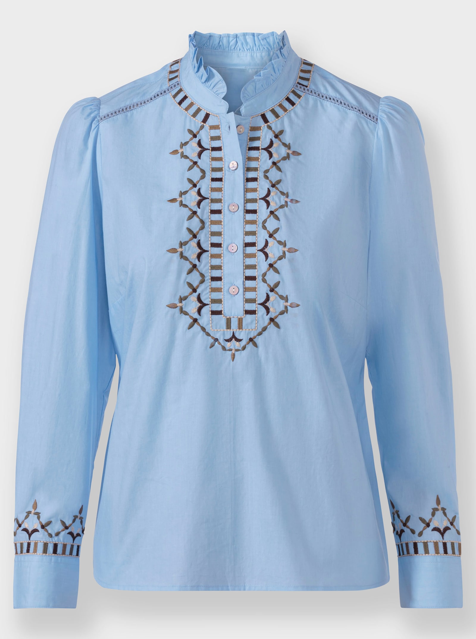 Katoenen blouse met ruches aan de opstaande kraag - ijsblauw gedessineerd