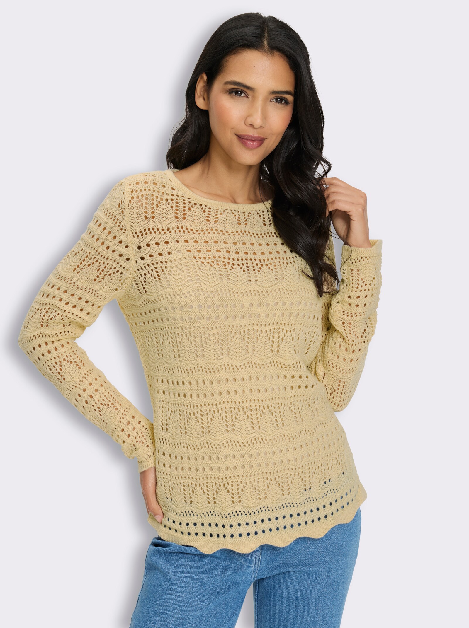 Ajourpullover mit gewellten Abschlüssen - sand