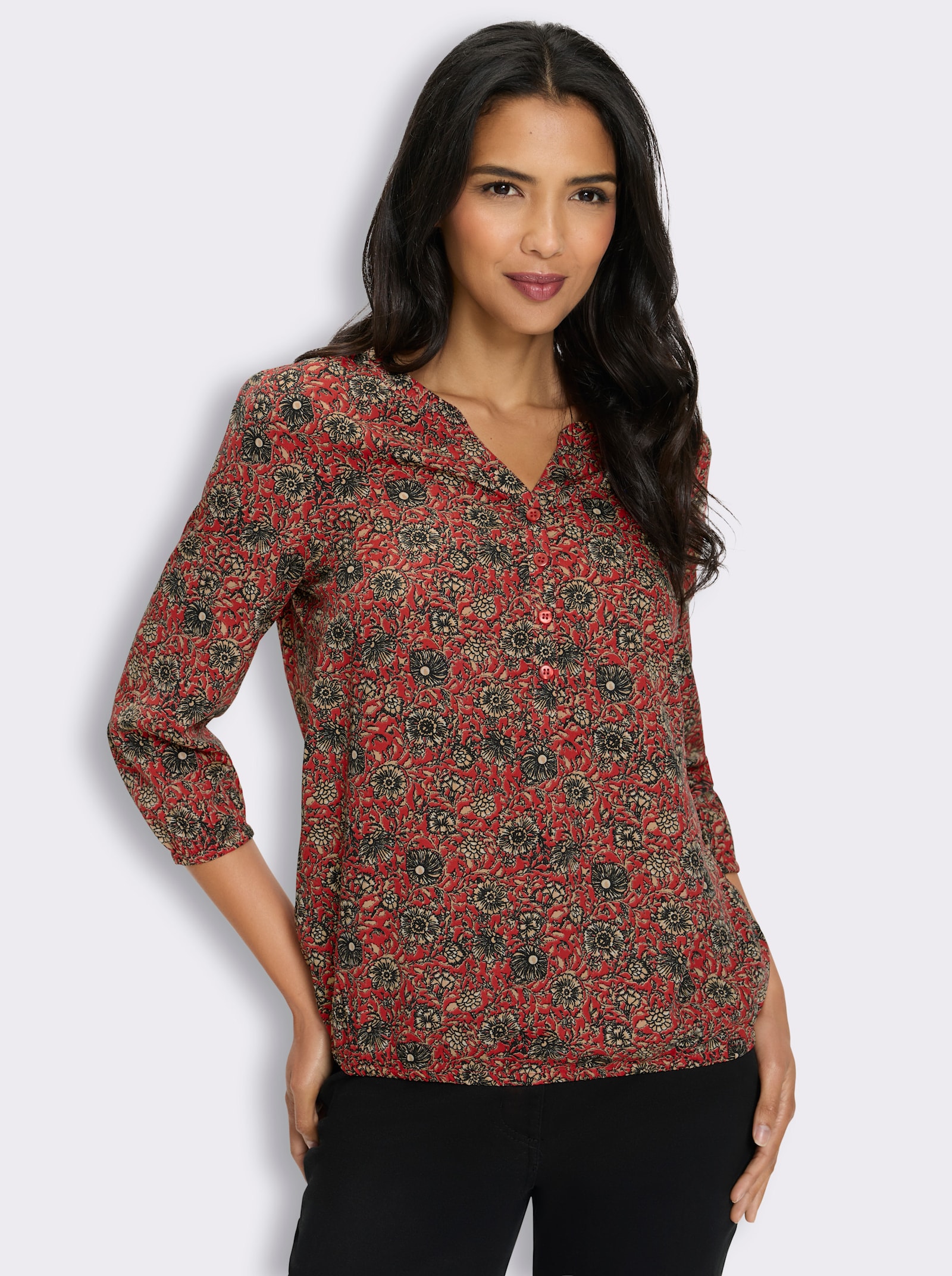 Druckbluse in Schlupfform - erdbeere-camel-bedruckt