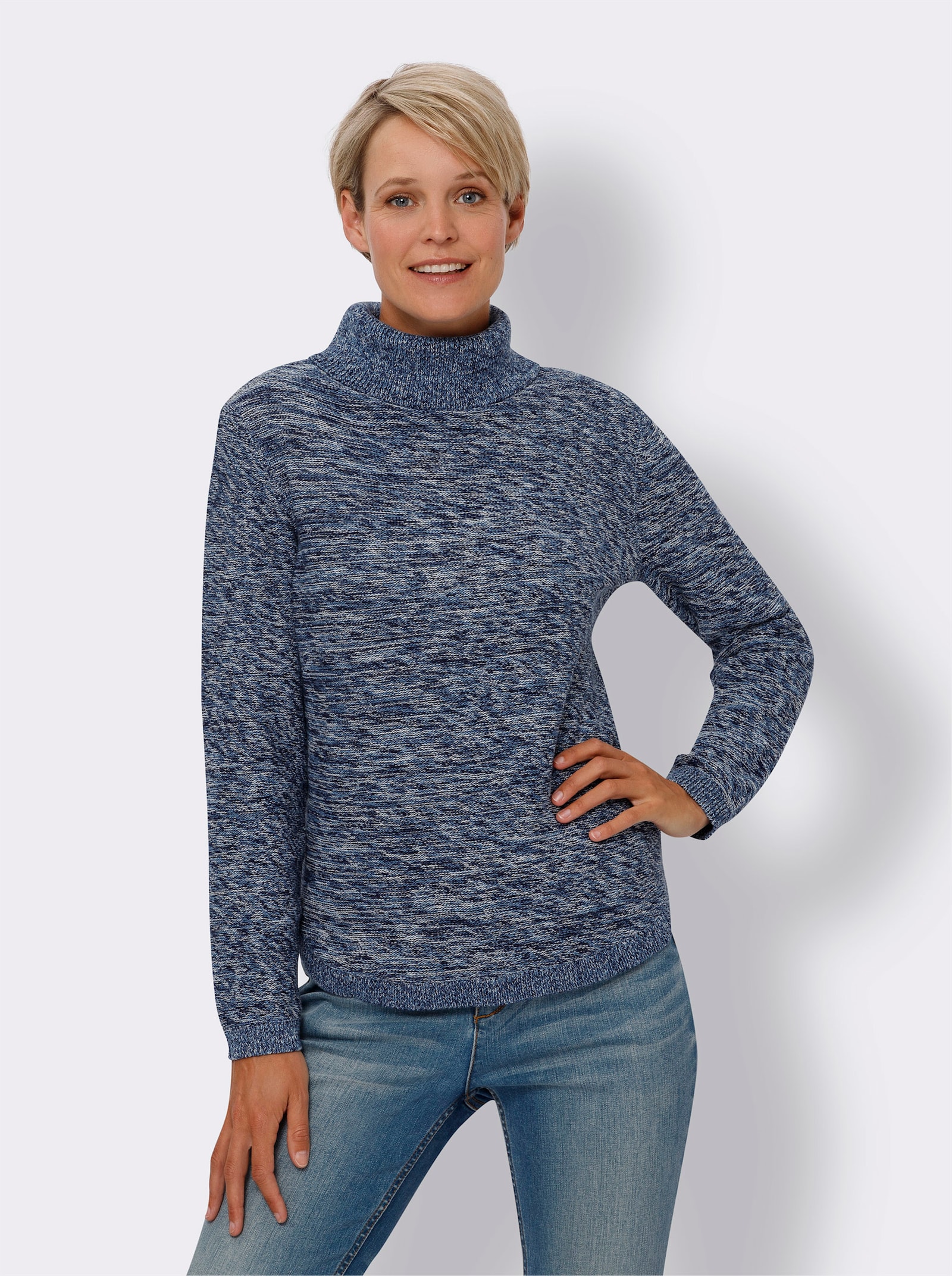 Svetr s rolákovým límcem z bavlny - námořnická modrá-ecru-melír