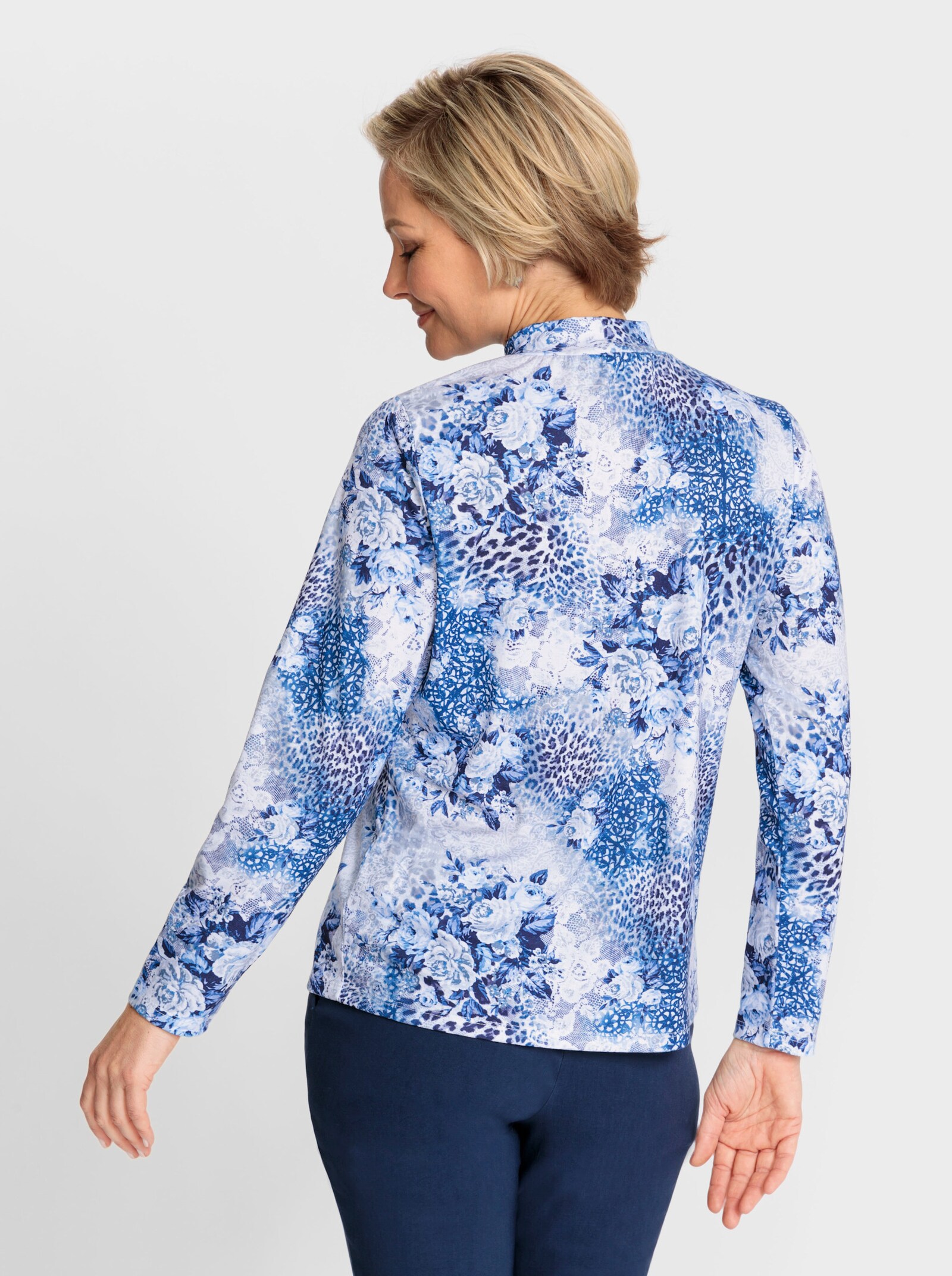 Langarmshirt im Mix aus Animal- und Floraldruck - jeansblau-ecru-gemustert