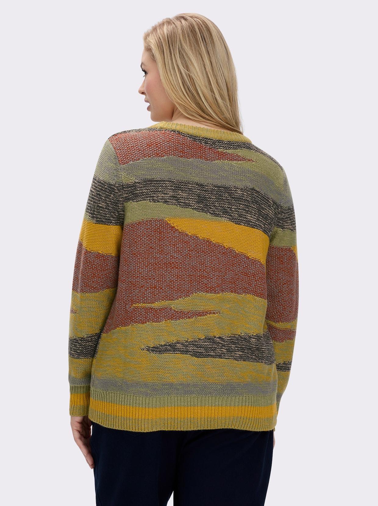 Strickpullover mit farbigen Rippbündchen - ocker-rostrot-gemustert