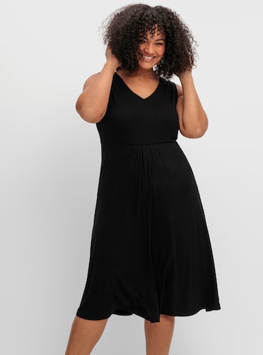 sheego Jerseykleid mit Raffung vorne, ärmellos - schwarz