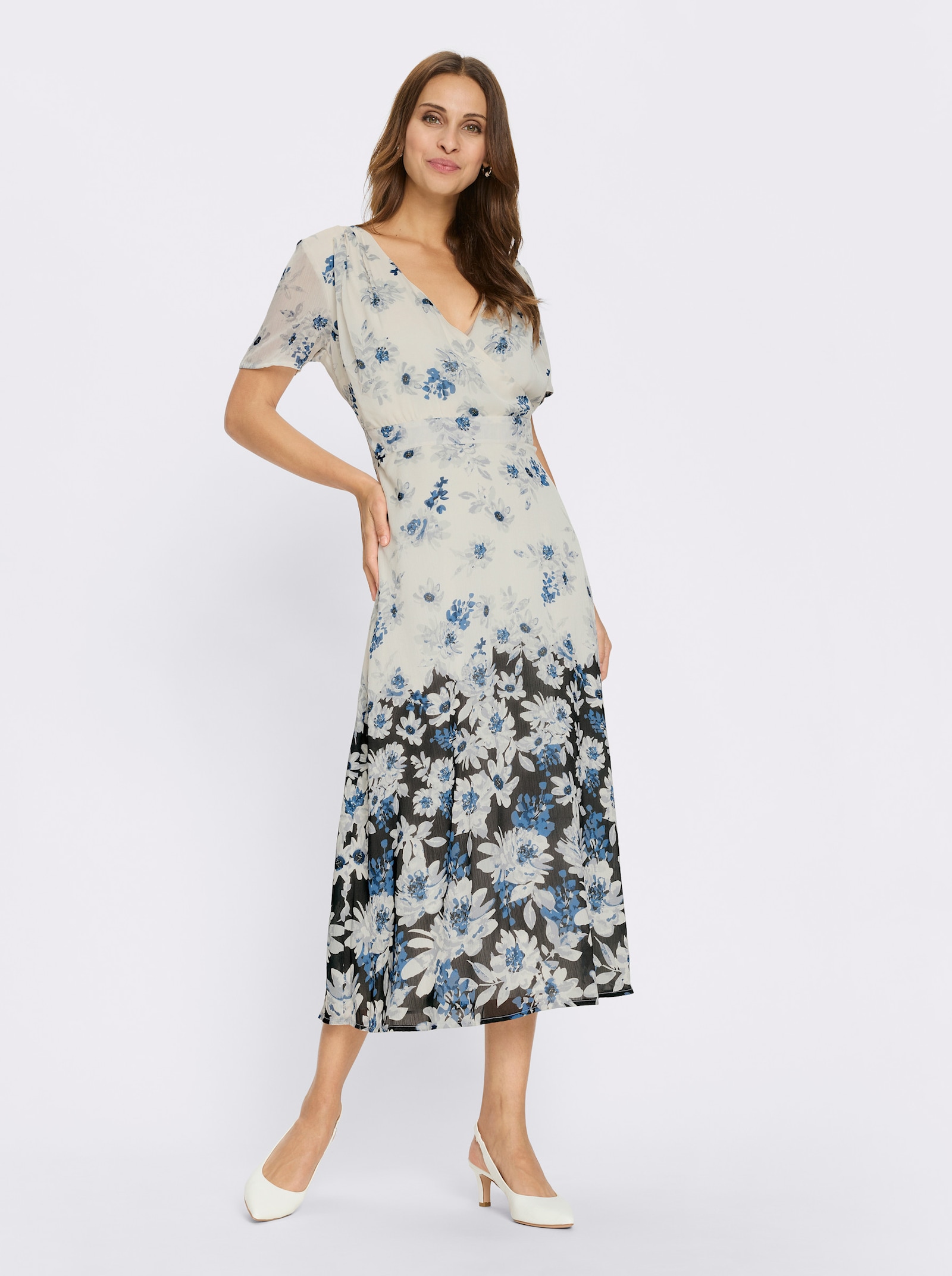 Satinkleid mit Bordüren-Druck - champagner-marine-bedruckt