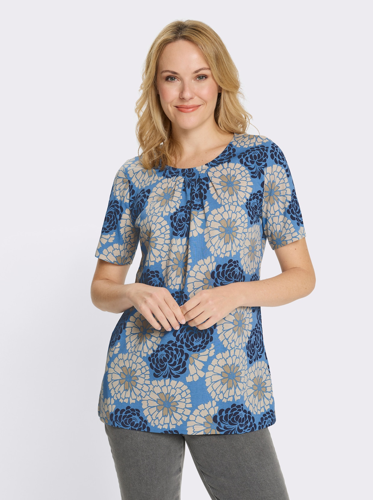 Longshirt in schmeichelnder A-Linie - mittelblau-marine-bedruckt