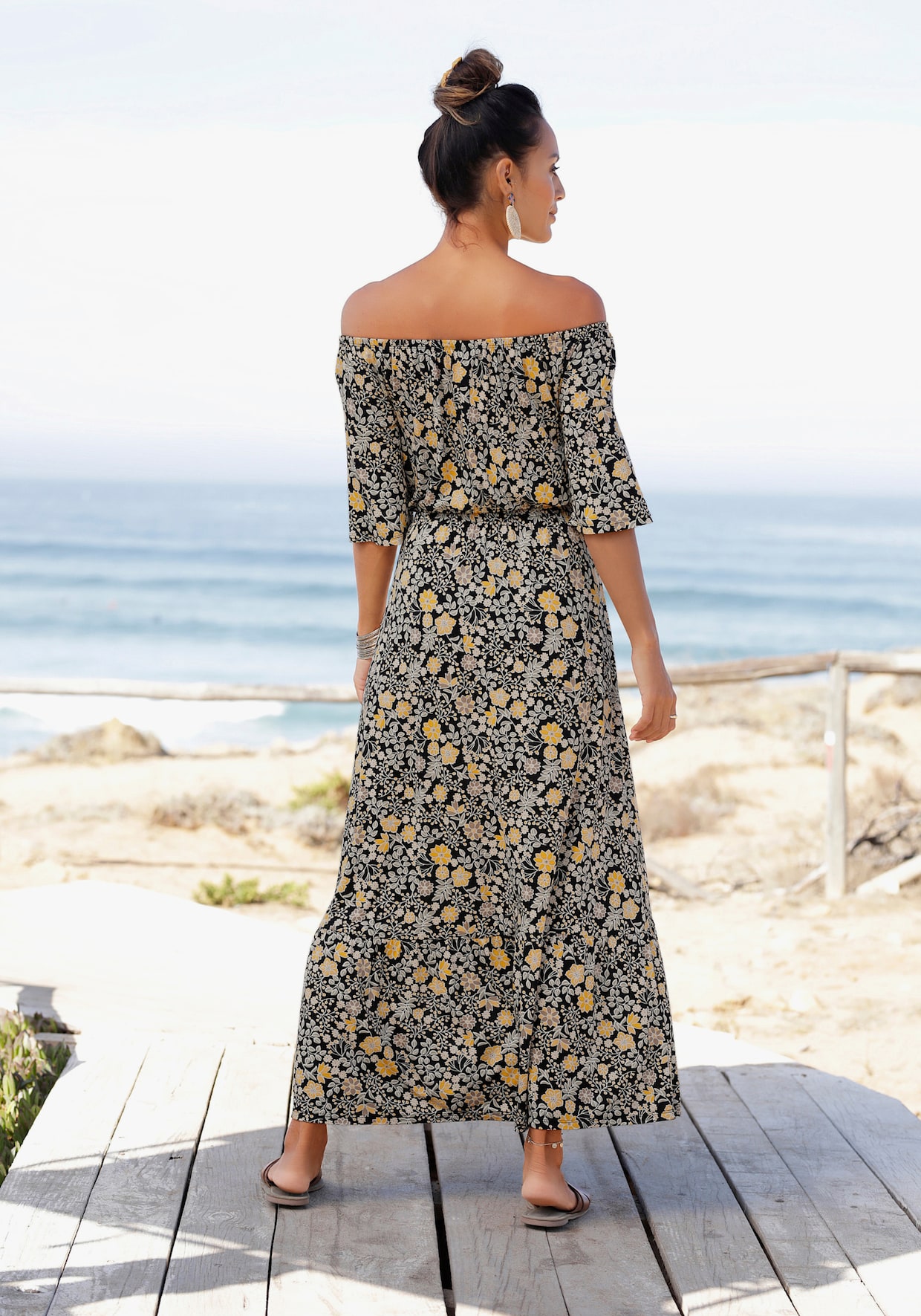 LASCANA Maxi-jurk - zwart/geel geprint