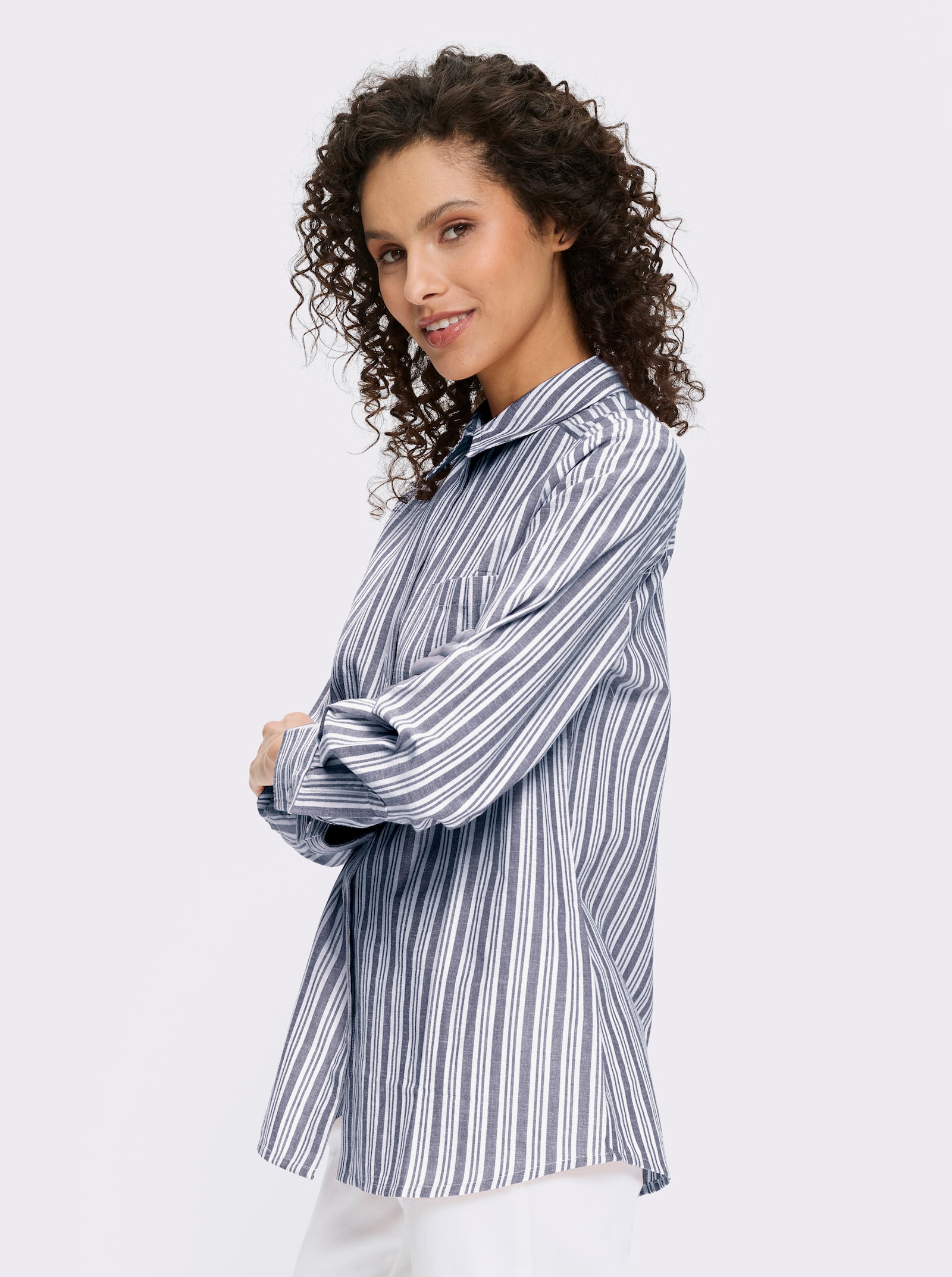 heine Gestreifte Bluse mit Leinen-Anteil - ecru-jeansblau-gestreift