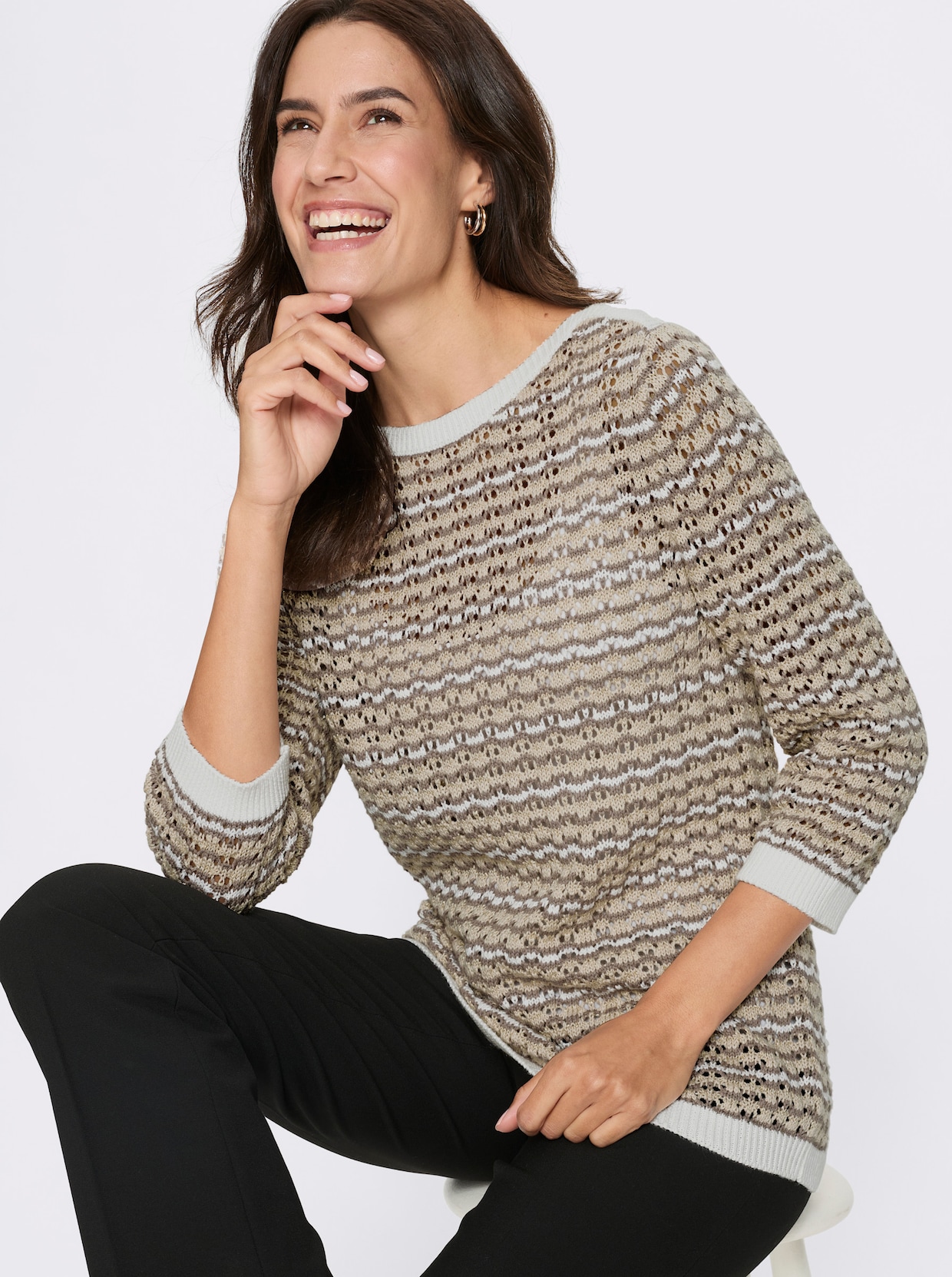 Strickpullover - taupe-sand-gemustert