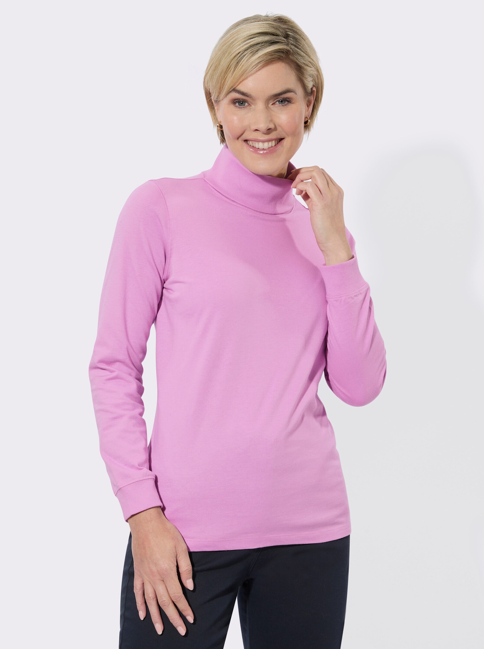 Rollkragenshirt mit gerippten Einsätzen - orchidee + rosé