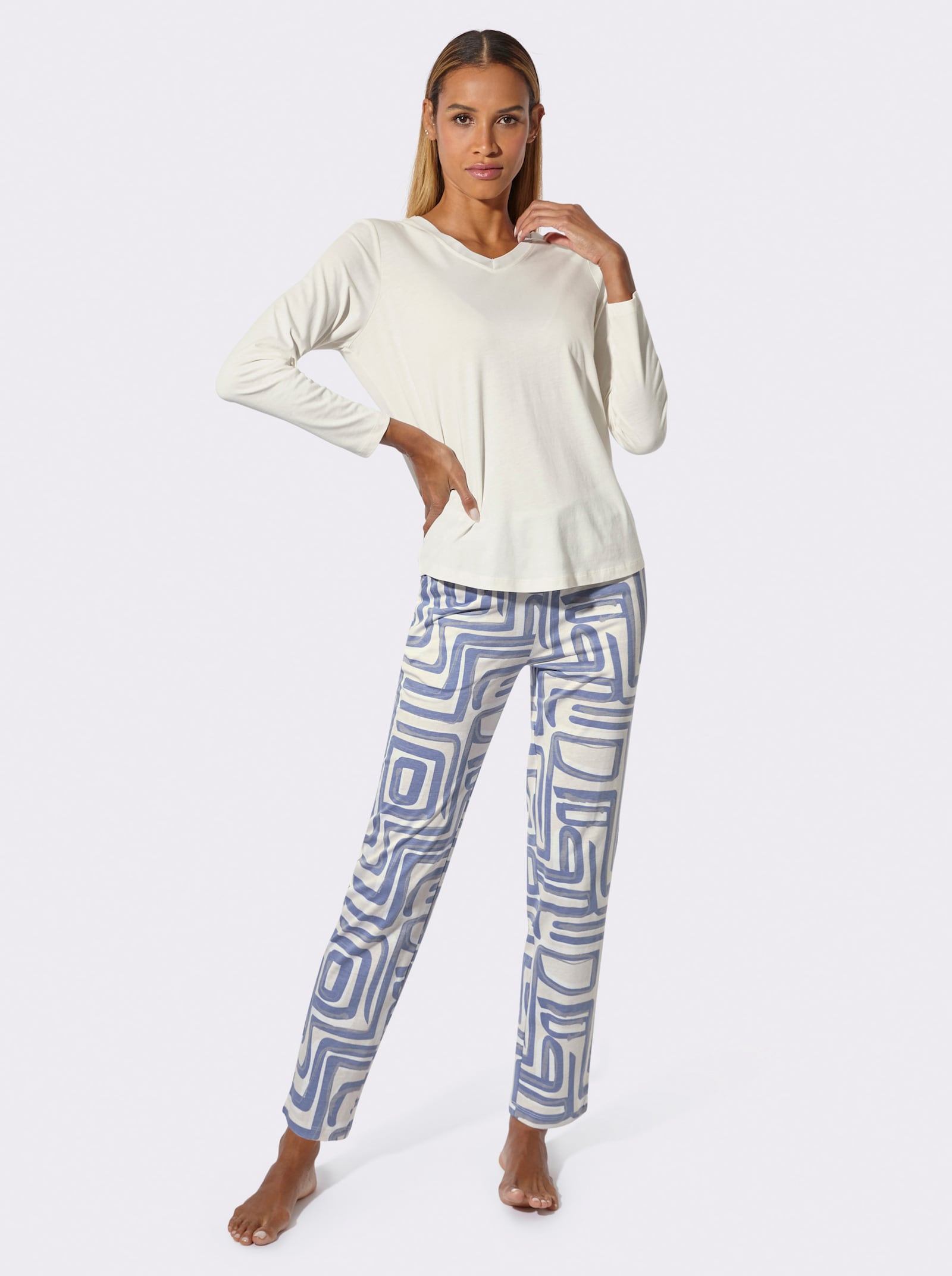 wäschepur Schlafanzug , Hose mit 2 Taschen - champagner-rauchblau-bedruckt