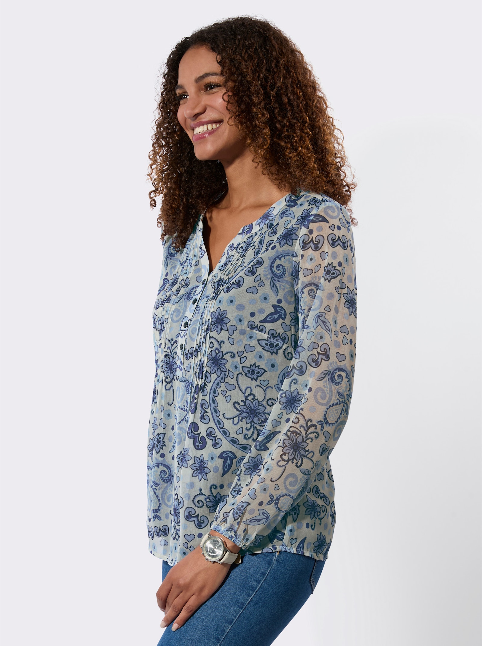 Schlupfbluse mit transparenten Ärmeln - champagner-royalblau-bedruckt