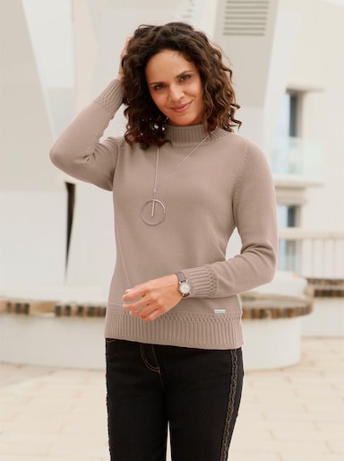 Stehkragenpullover mit Ripp-Abschlüssen - sesam