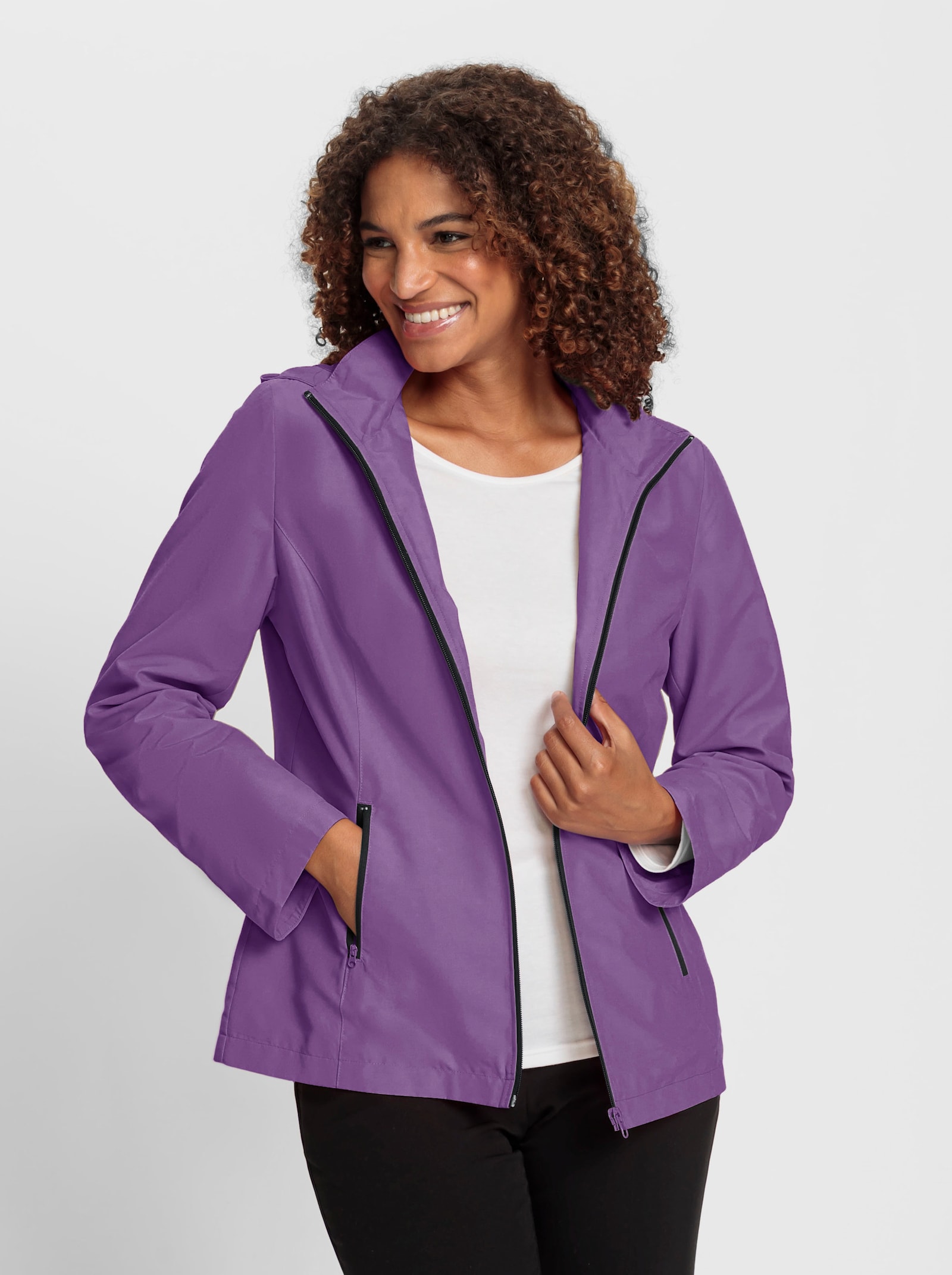 Kapuzenjacke mit Kontrast-Reißverschluss, gefüttert - lila