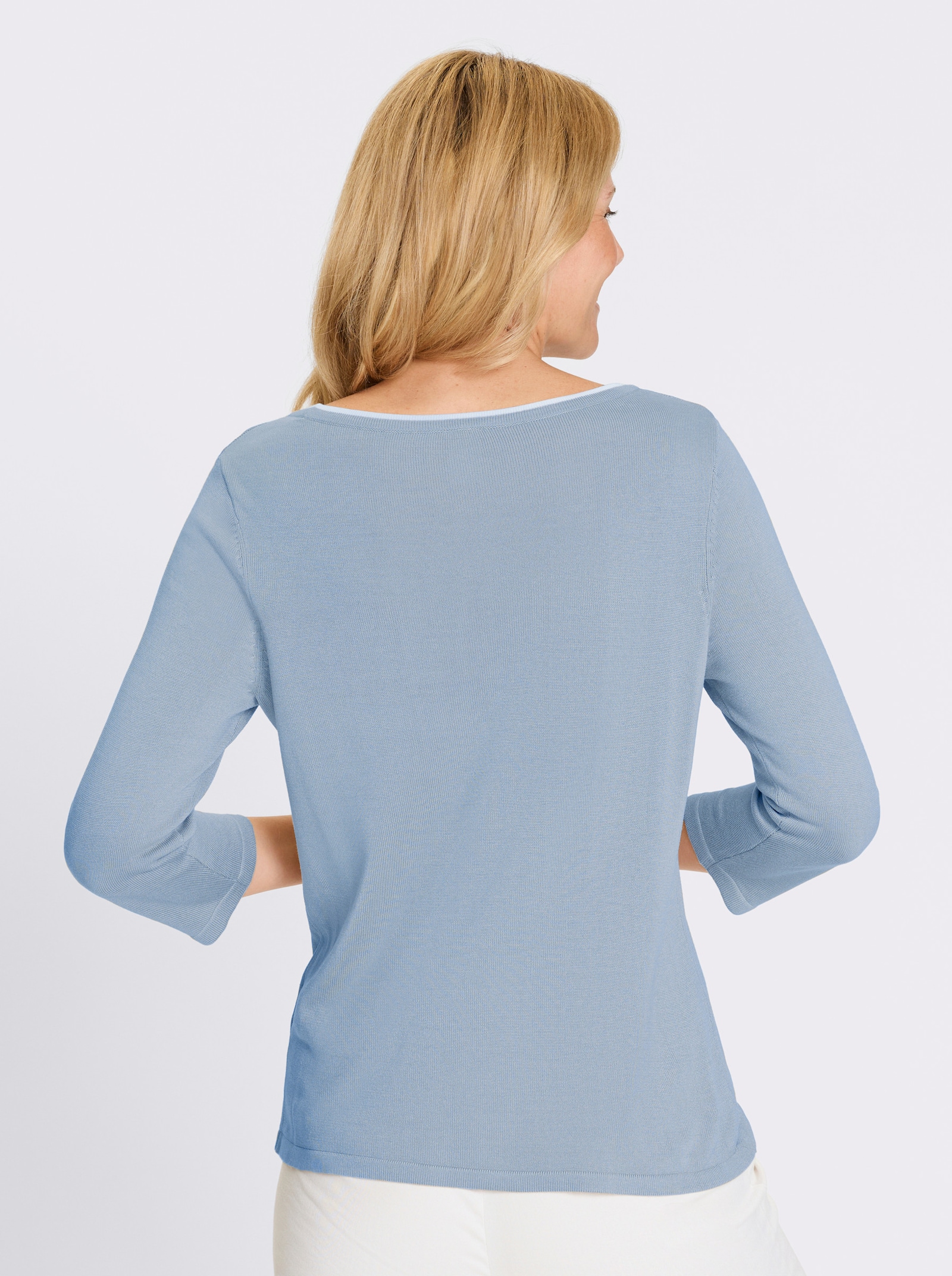 3/4 Arm-Pullover mit U-Boot-Ausschnitt - eisblau-weiß