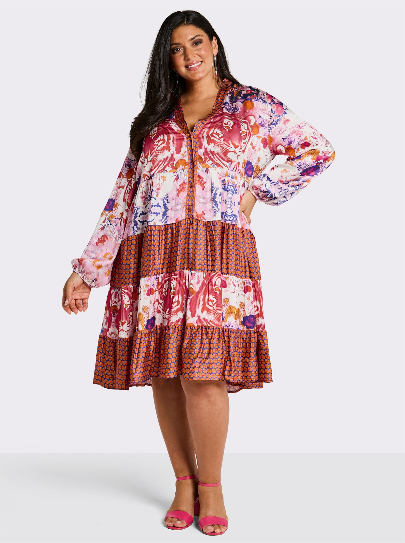 sheego loves miss goodlife A-Linien-Kleid mit stufigem Volant - ecru-lila-bedruckt