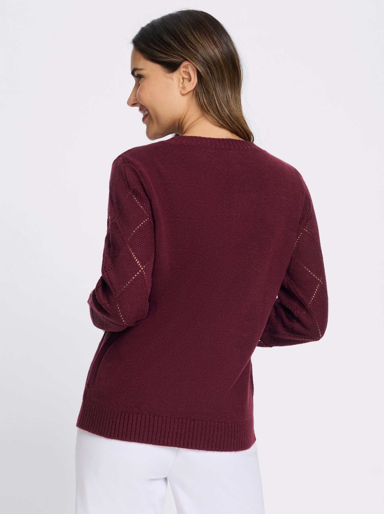 Ajourpullover mit floraler Stickerei - bordeaux