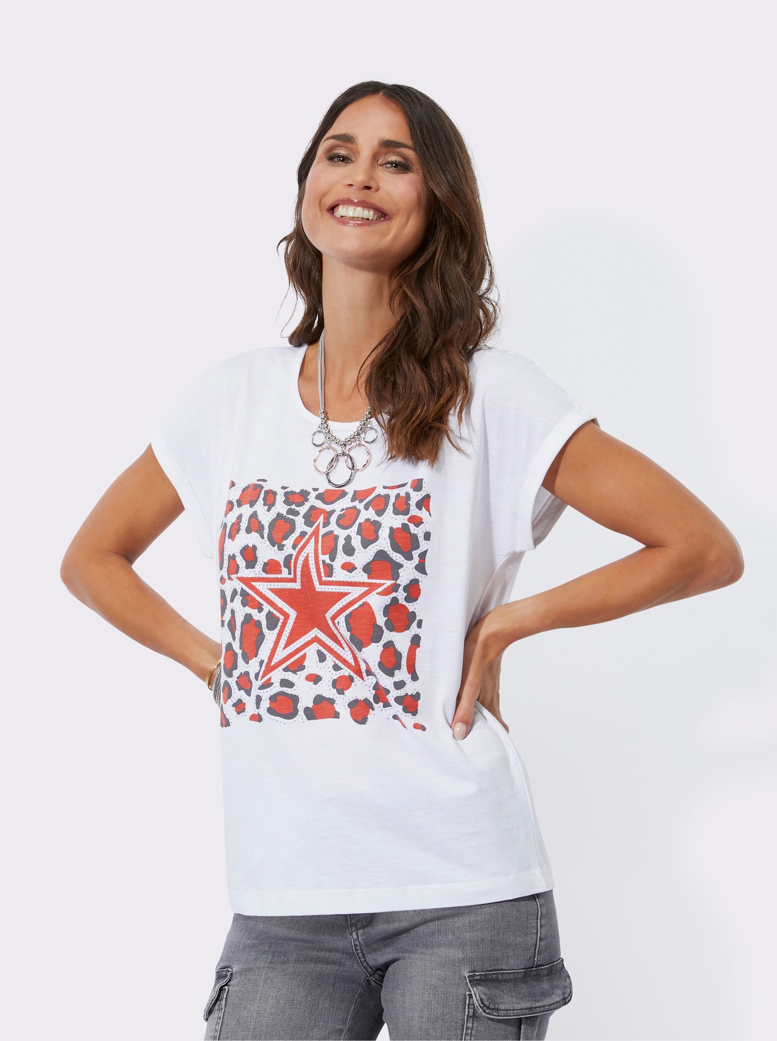 Shirt mit Animal- und Stern-Motiv - grapefruit-weiß
