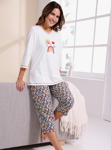 Schlafanzug mit Kontrastnähten - ecru-steingrau-bedruckt