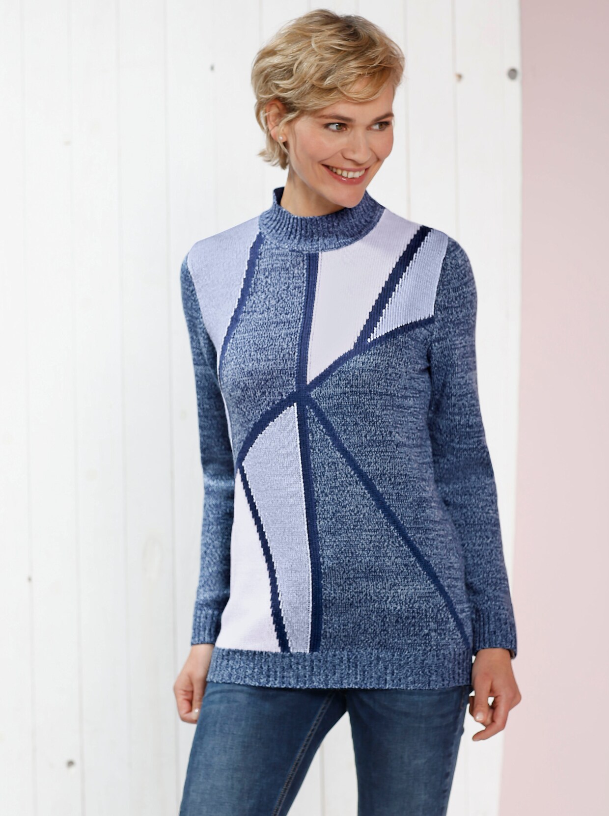 Stehkragenpullover - blau-gemustert