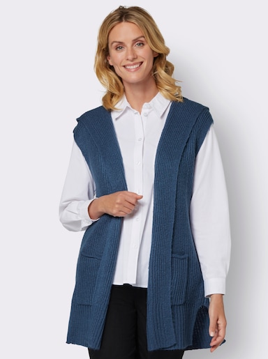 Strickweste mit Kapuze, Ripp-Optik - jeansblau