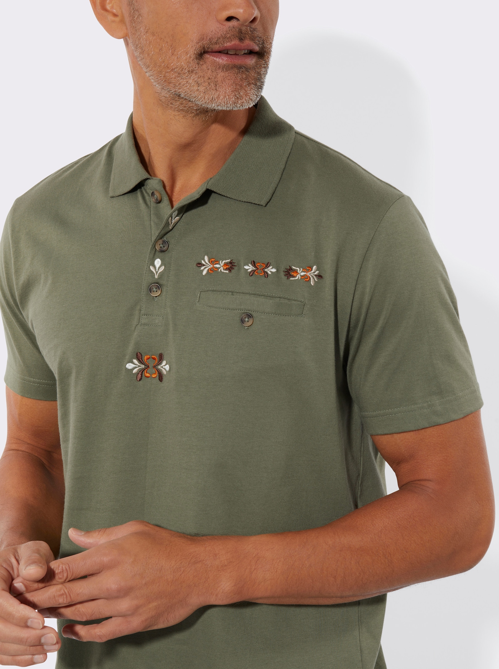 Poloshirt met folkloreborduursel - kaki